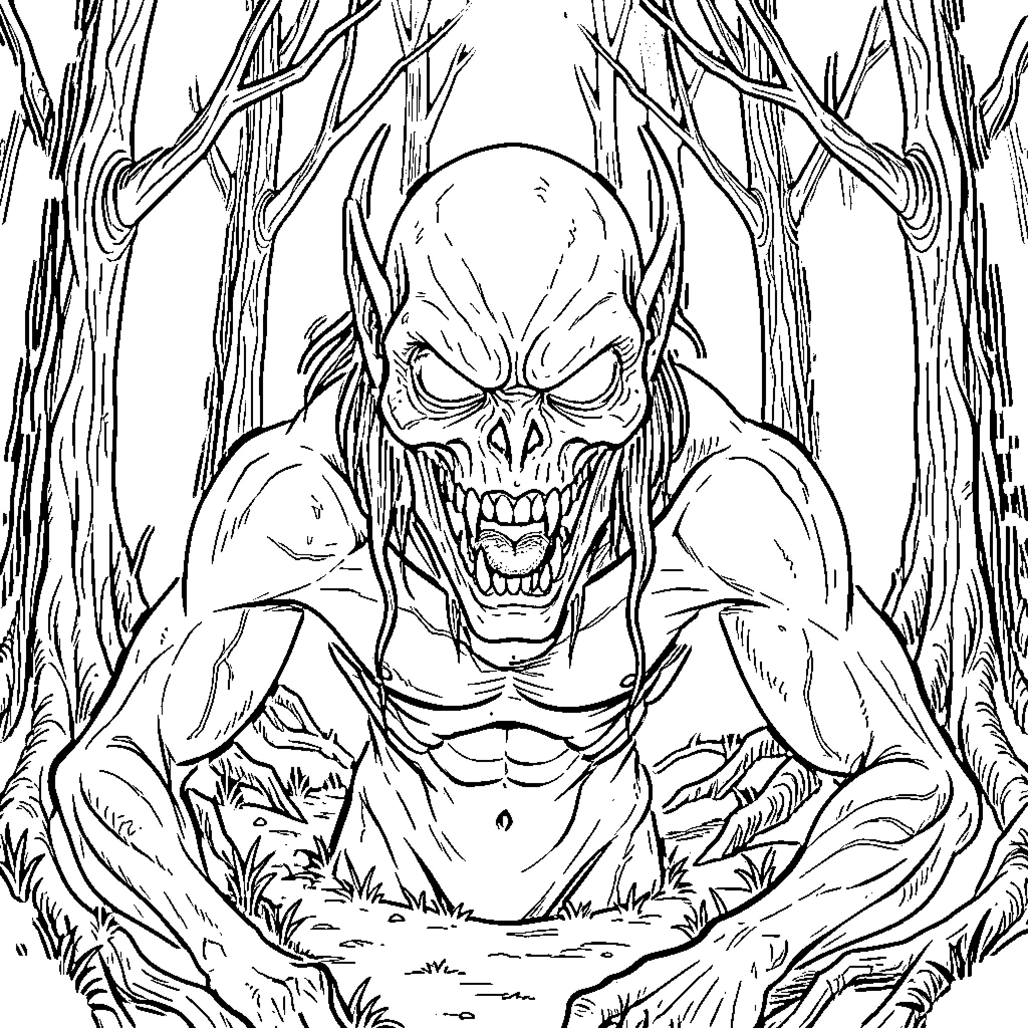 Demogorgon lurking in the dark forest Coloring Page (free black-and-white line drawing printable PDF for all, from beginners to advanced learners, including children, teens, adults, and seniors)