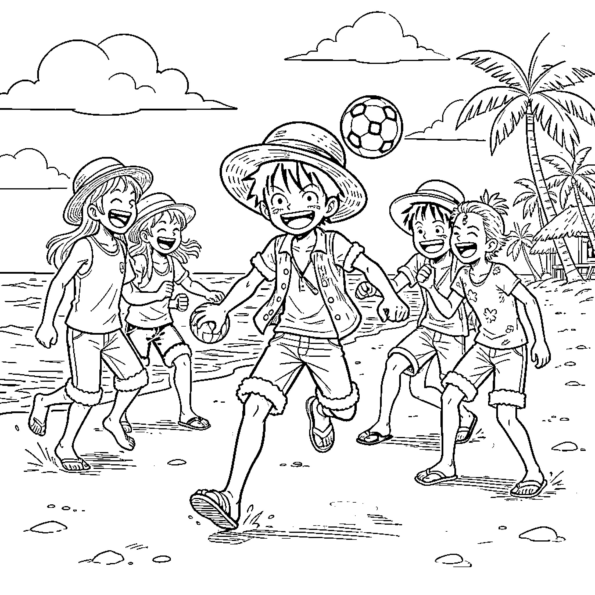 Luffy and friends playing soccer on the beach Coloring Page (free black-and-white line drawing printable PDF for all, from beginners to advanced learners, including children, teens, adults, and seniors)
