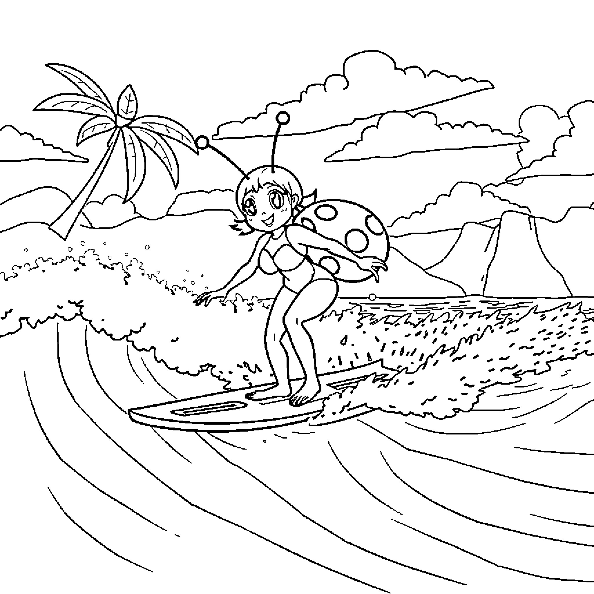 Ladybug surfing on tropical waves Coloring Page (free black-and-white line drawing printable PDF for all, from beginners to advanced learners, including children, teens, adults, and seniors)