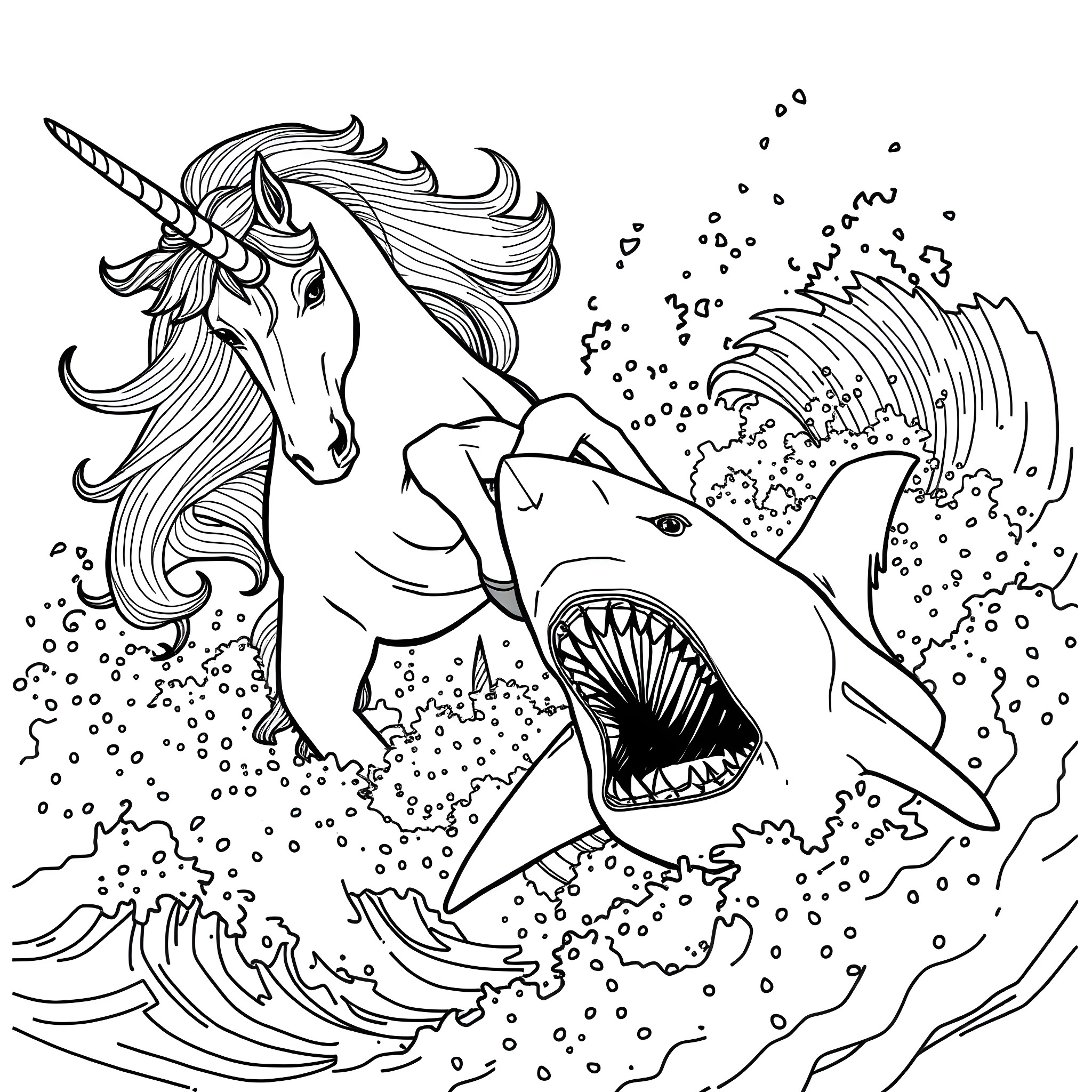 Unicorn Riding Ferocious Shark in Stormy Seas Coloring Page (free black-and-white line drawing printable PDF for all, from beginners to advanced learners, including children, teens, adults, and seniors)