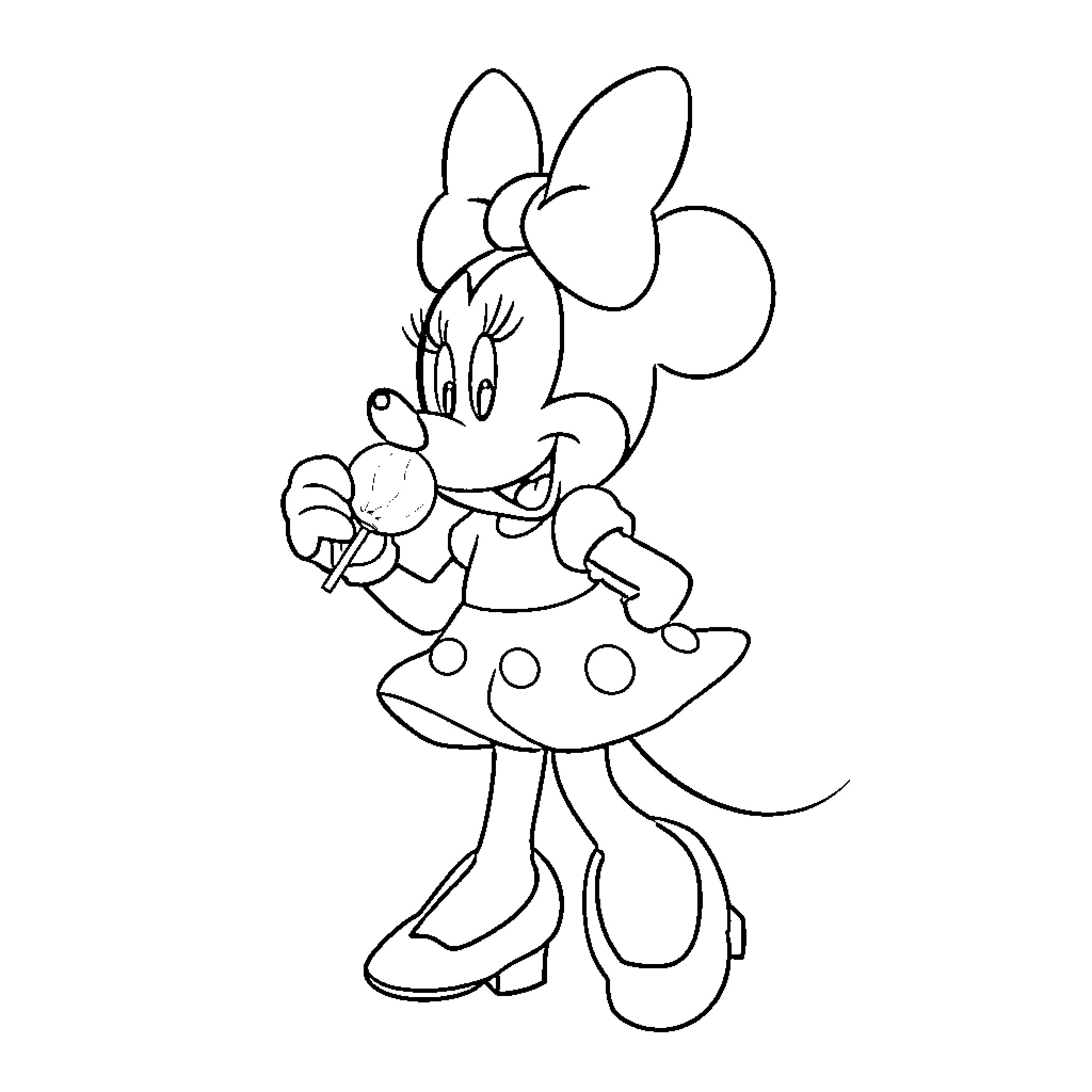 Minnie's Playful Pose Coloring Page (free black-and-white line drawing printable PDF for all, from beginners to advanced learners, including children, teens, adults, and seniors)