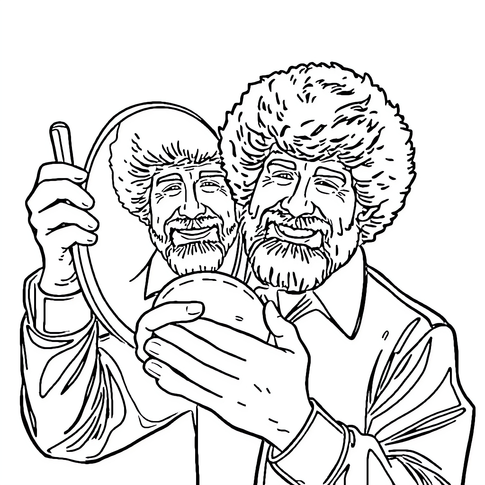 Bob Ross sharing a warm embrace with a friend Coloring Page (free black-and-white line drawing printable PDF for all, from beginners to advanced learners, including children, teens, adults, and seniors)