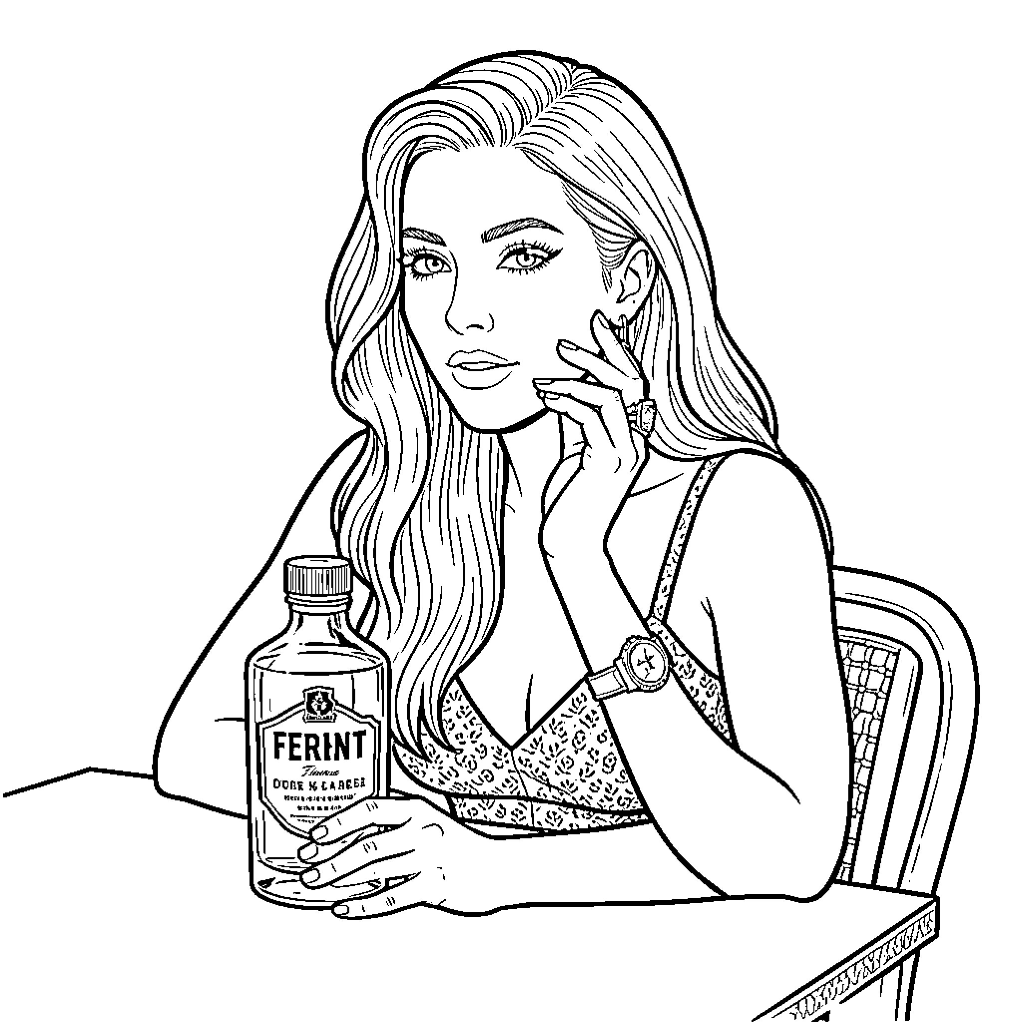 Lady Gaga posing elegantly with a bottle at a table Coloring Page (free black-and-white line drawing printable PDF for all, from beginners to advanced learners, including children, teens, adults, and seniors)