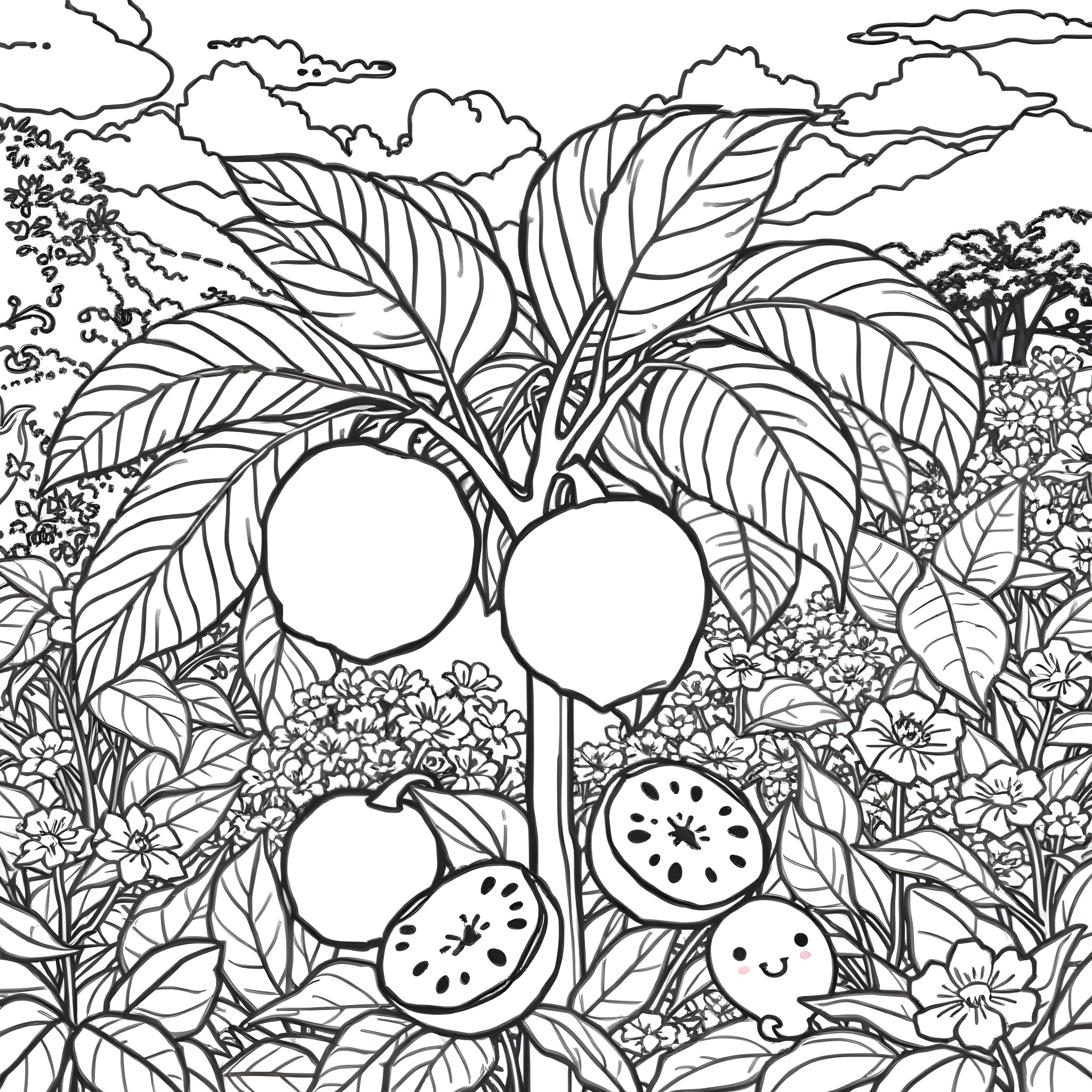 Cherimoya Fruit Growing in a Lush Garden Coloring Page (free black-and-white line drawing printable PDF for all, from beginners to advanced learners, including children, teens, adults, and seniors)