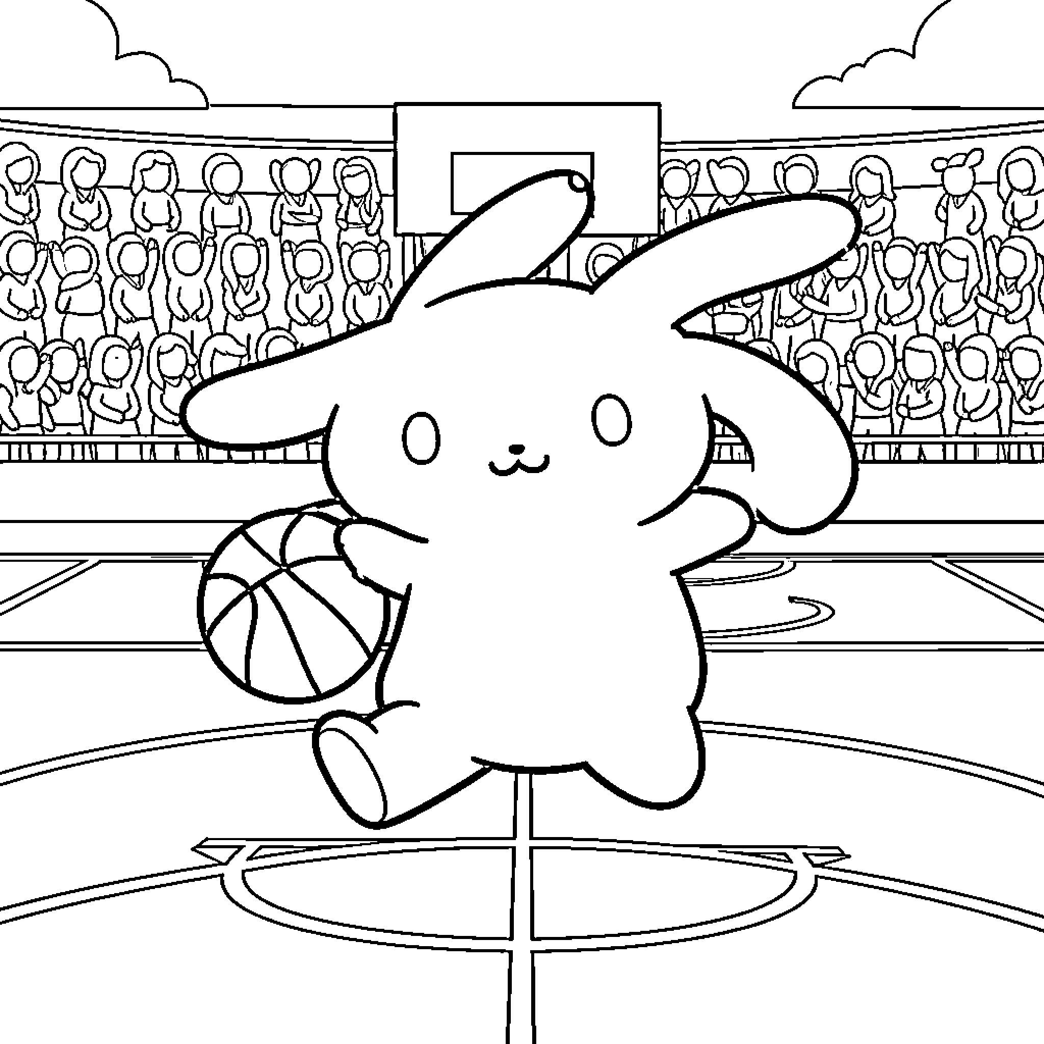 Cinnamoroll playing basketball in front of a cheering crowd Coloring Page (free black-and-white line drawing printable PDF for all, from beginners to advanced learners, including children, teens, adults, and seniors)