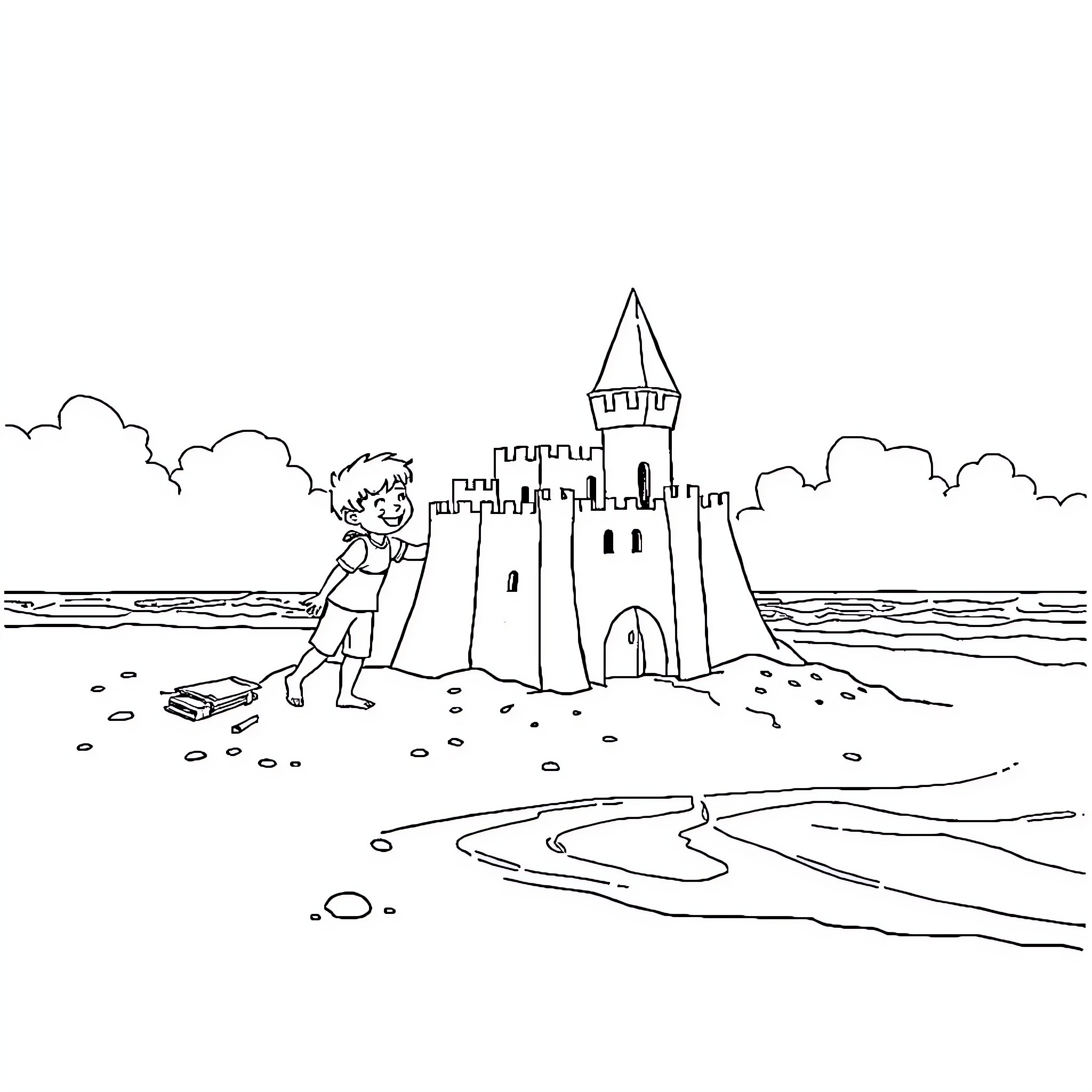 Boy building a sand castle on the beach Coloring Page (free black-and-white line drawing printable PDF for all, from beginners to advanced learners, including children, teens, adults, and seniors)