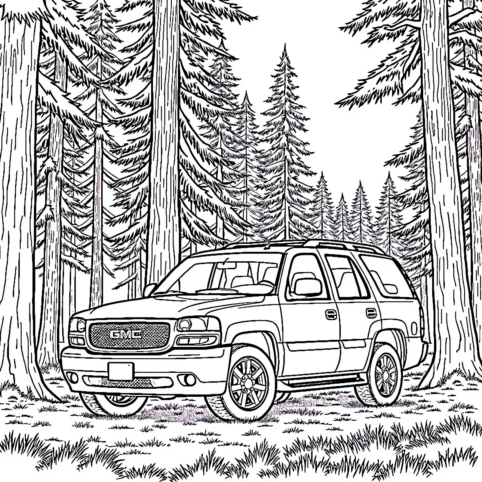 GMC Yukon in Forested Outdoor Scene Coloring Page (free black-and-white line drawing printable PDF for all, from beginners to advanced learners, including children, teens, adults, and seniors)