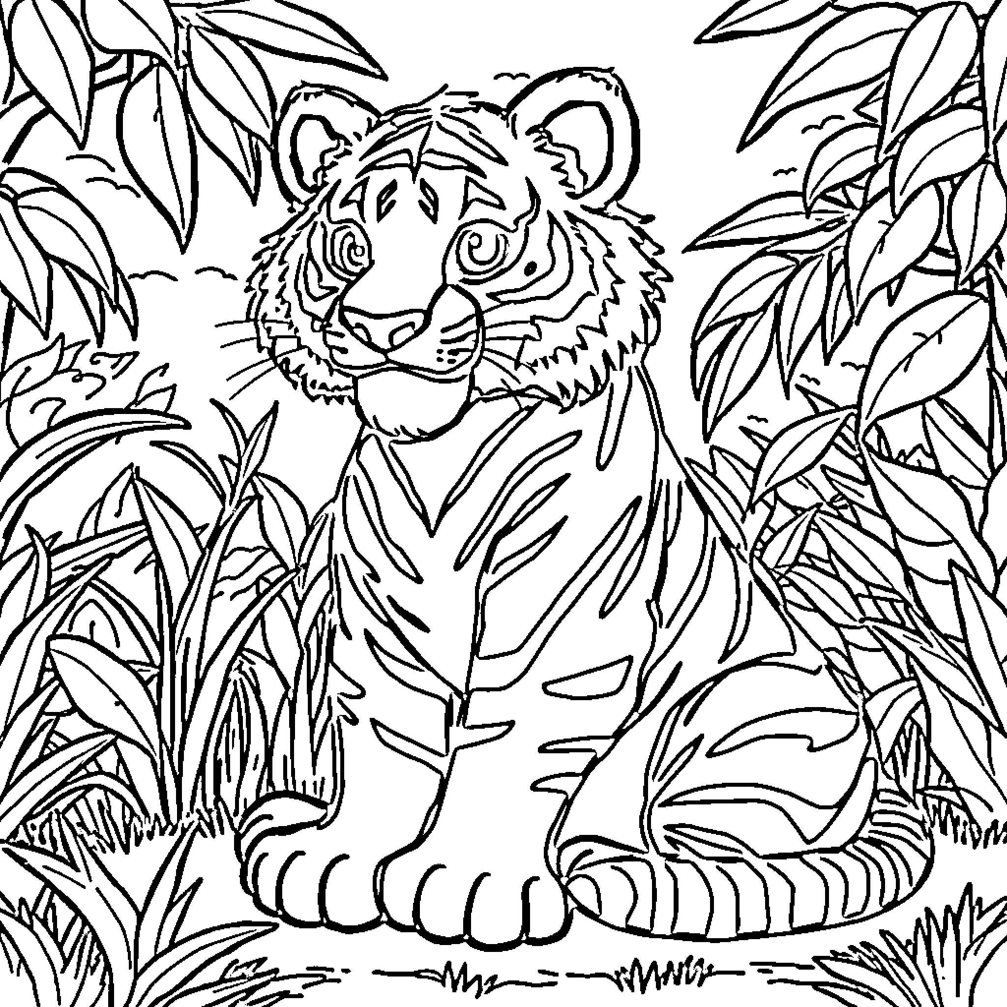 Tiger amidst lush foliage Coloring Page (free black-and-white line drawing printable PDF for all, from beginners to advanced learners, including children, teens, adults, and seniors)