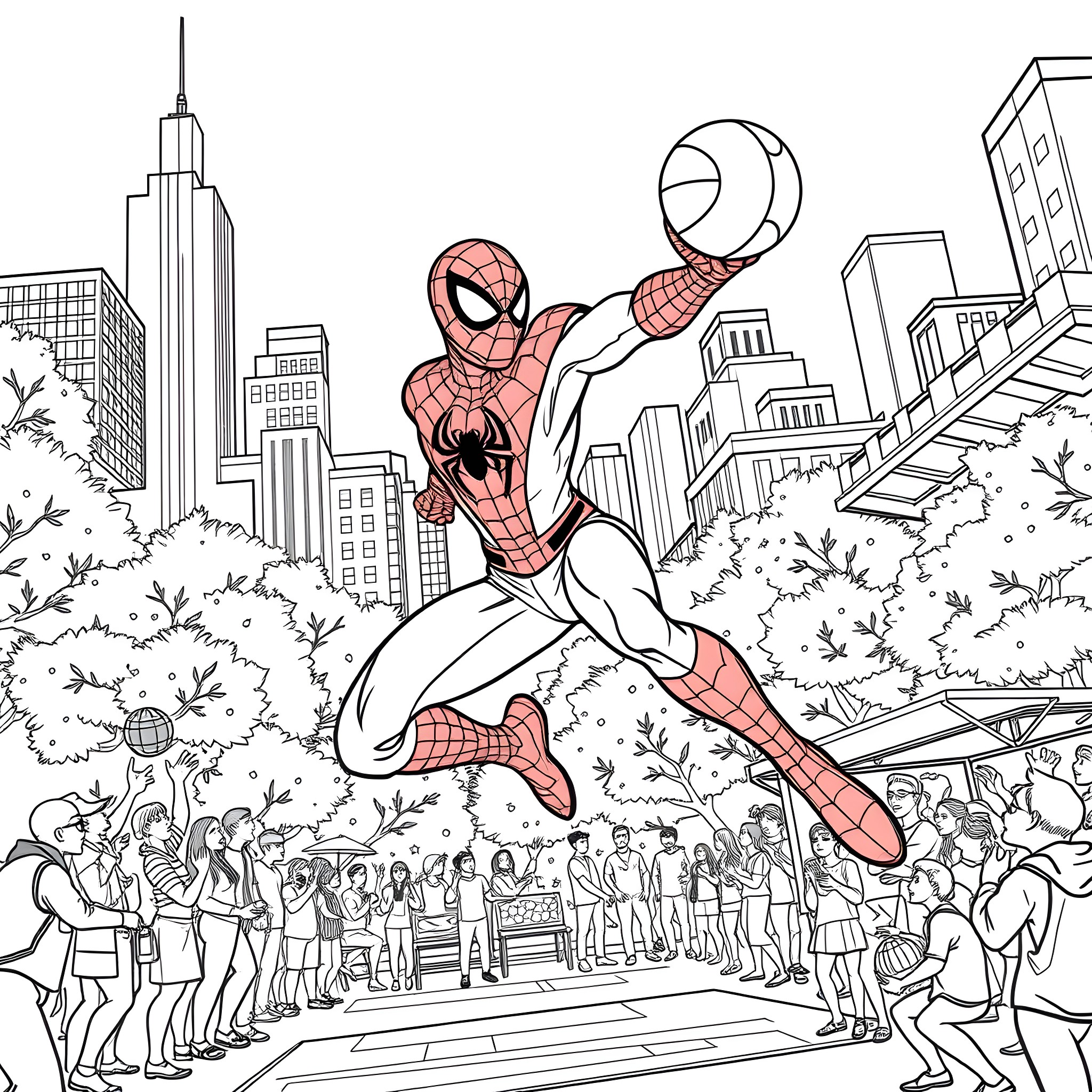 Spiderman swinging through the city streets Coloring Page (free black-and-white line drawing printable PDF for all, from beginners to advanced learners, including children, teens, adults, and seniors)
