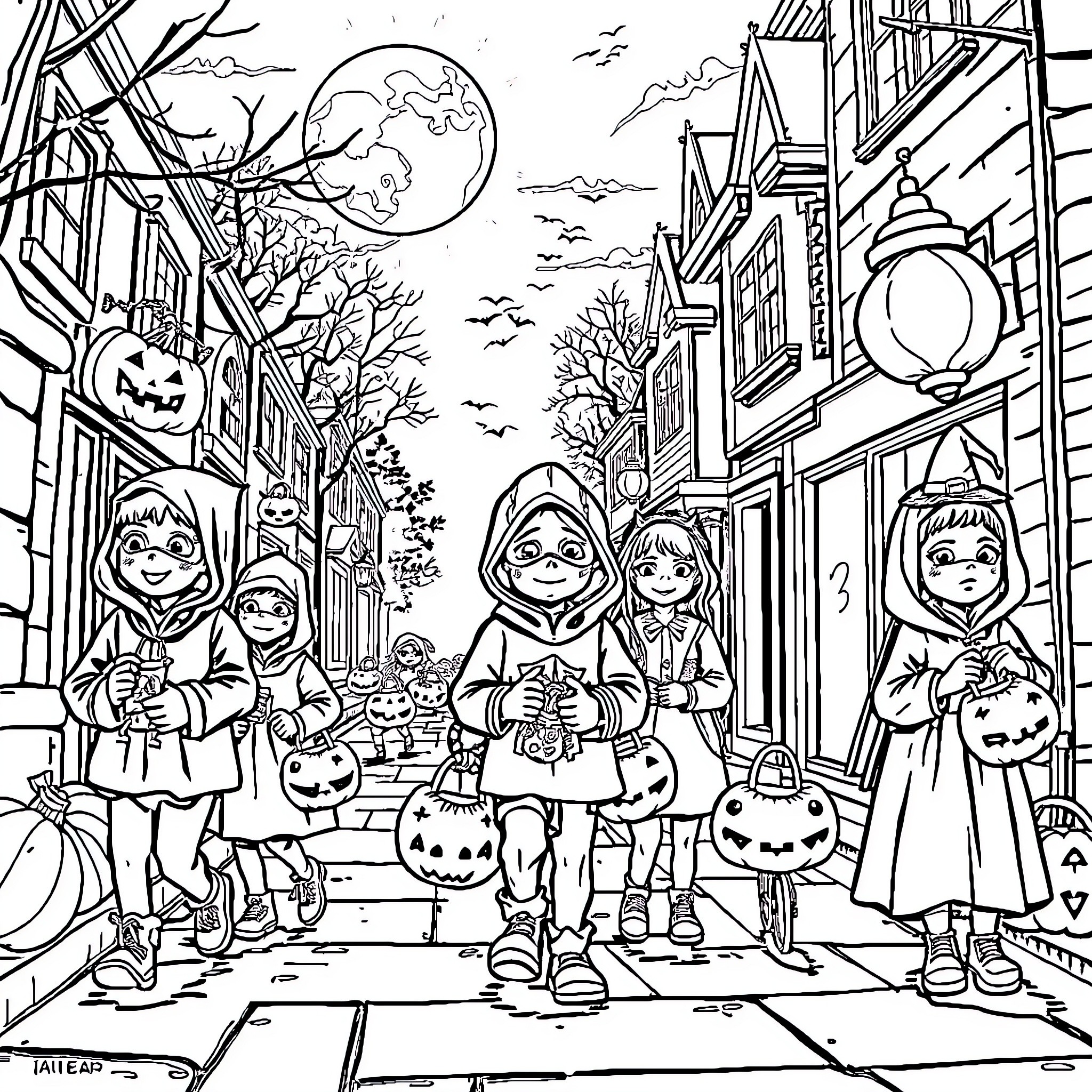 Halloween trick-or-treaters on a spooky night Coloring Page (free black-and-white line drawing printable PDF for all, from beginners to advanced learners, including children, teens, adults, and seniors)
