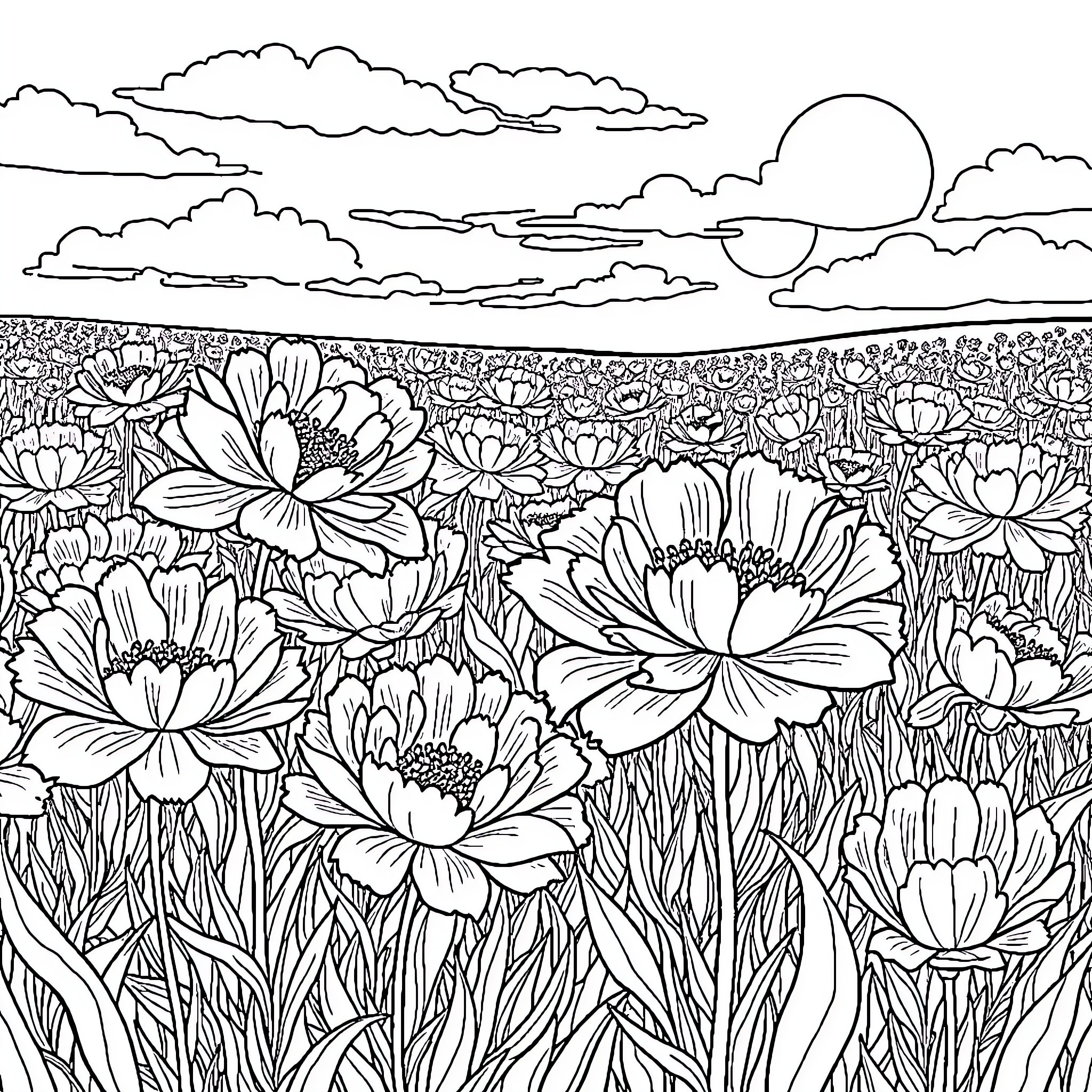 Peony Flowers Blooming in a Tranquil Landscape Coloring Page (free black-and-white line drawing printable PDF for all, from beginners to advanced learners, including children, teens, adults, and seniors)