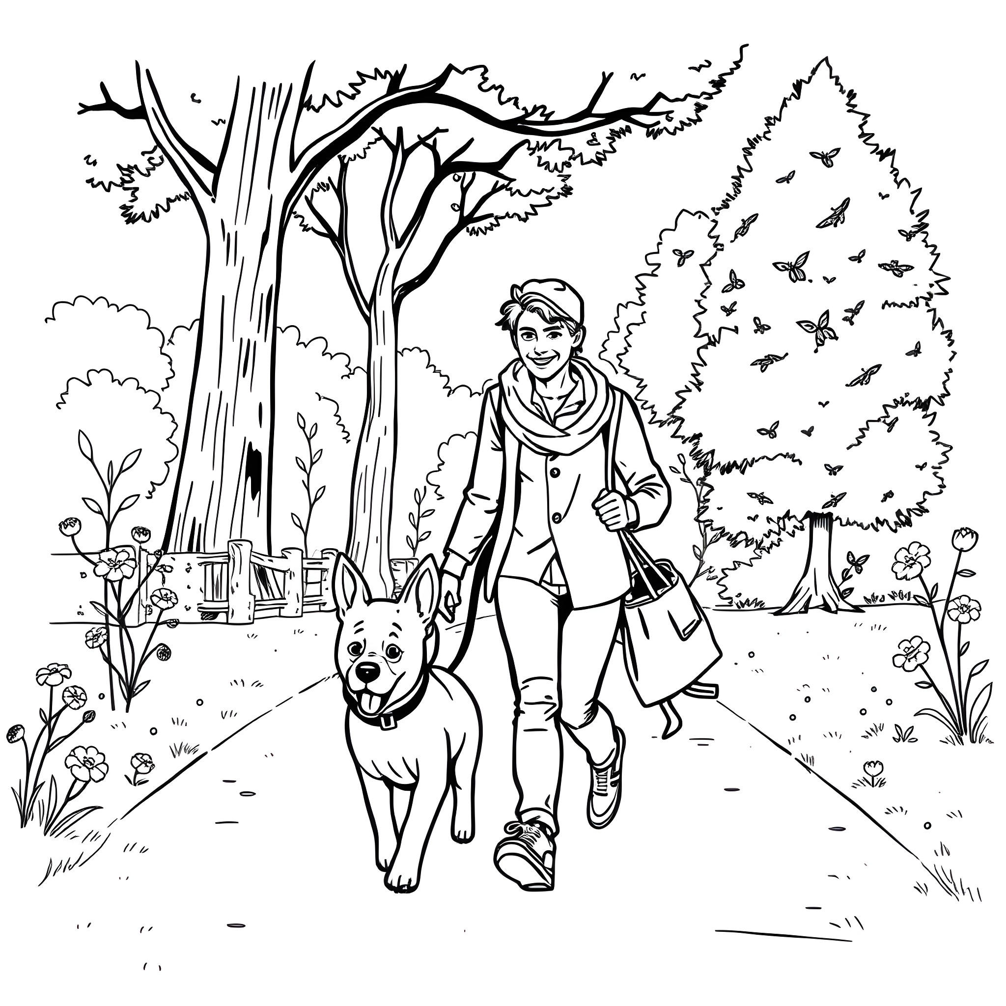 Dog walking with person in nature Coloring Page (free black-and-white line drawing printable PDF for all, from beginners to advanced learners, including children, teens, adults, and seniors)