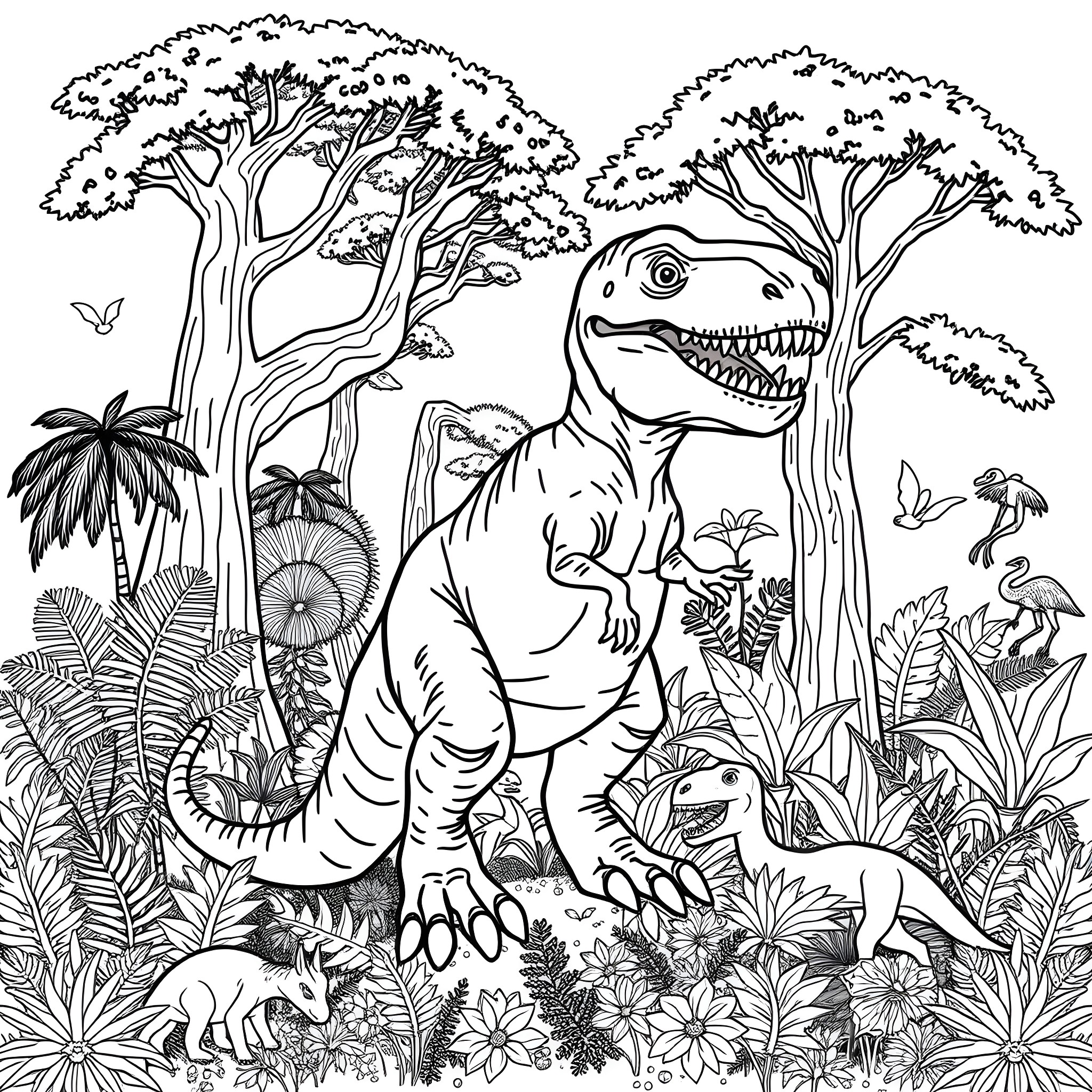 Dinosaurs roaming in the prehistoric jungle Coloring Page (free black-and-white line drawing printable PDF for all, from beginners to advanced learners, including children, teens, adults, and seniors)