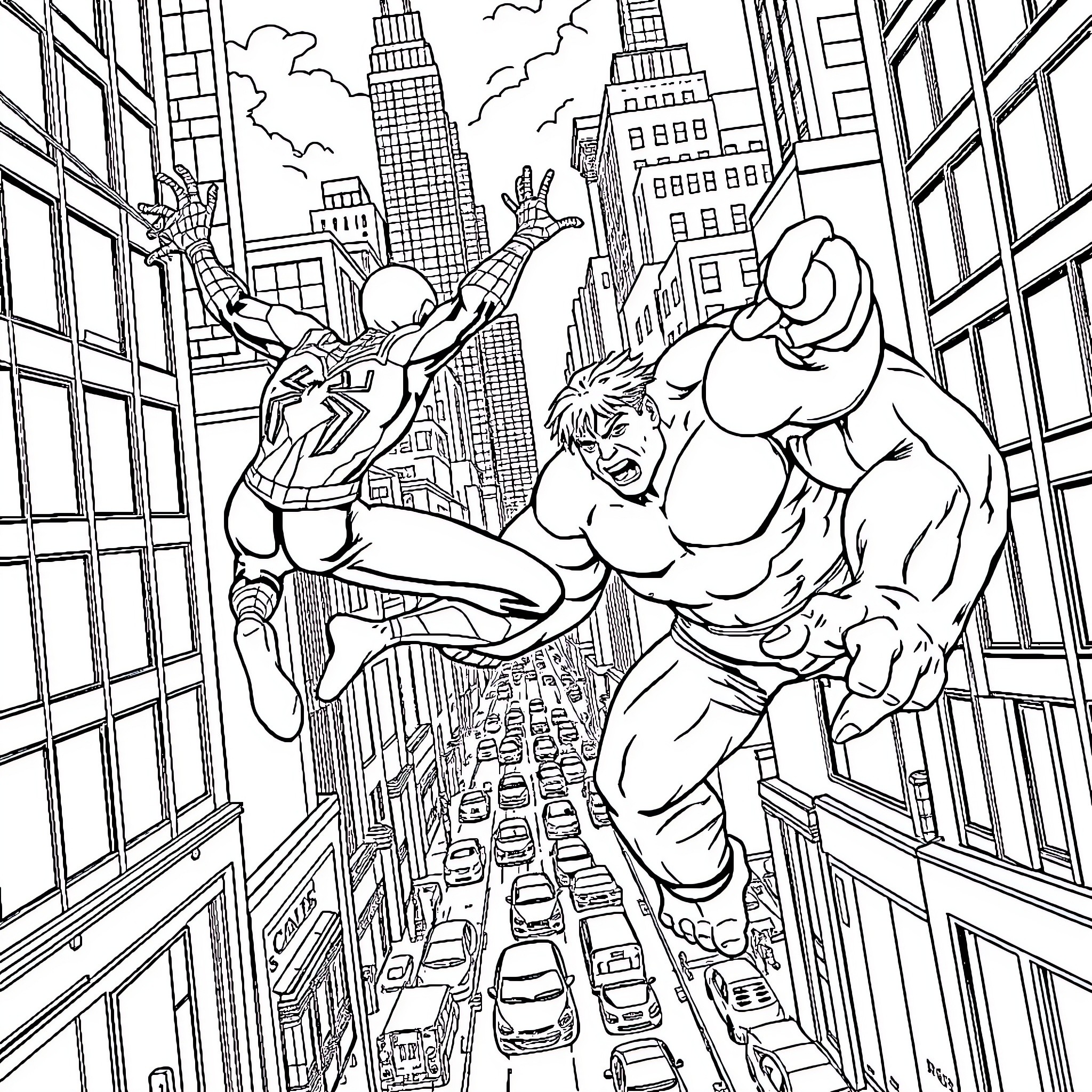 Spiderman swinging through the city with Hulk Coloring Page (free black-and-white line drawing printable PDF for all, from beginners to advanced learners, including children, teens, adults, and seniors)