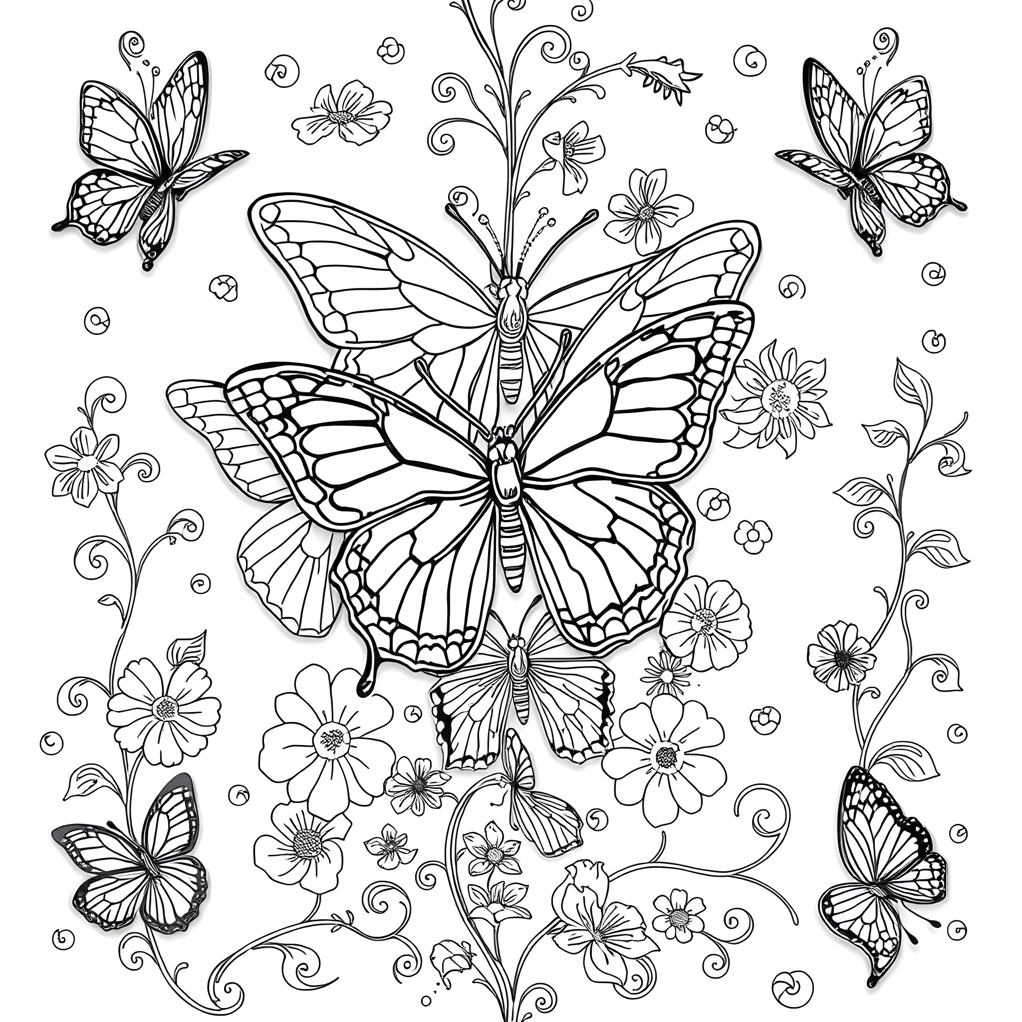 Butterfly and floral fantasy in black and white Coloring Page (free black-and-white line drawing printable PDF for all, from beginners to advanced learners, including children, teens, adults, and seniors)