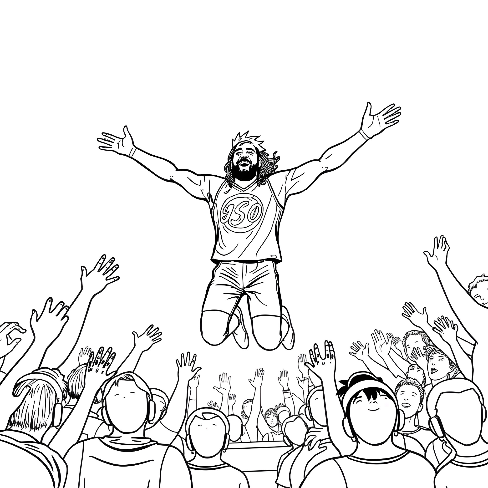 Jey Uso's triumphant celebration with the crowd Coloring Page (free black-and-white line drawing printable PDF for all, from beginners to advanced learners, including children, teens, adults, and seniors)