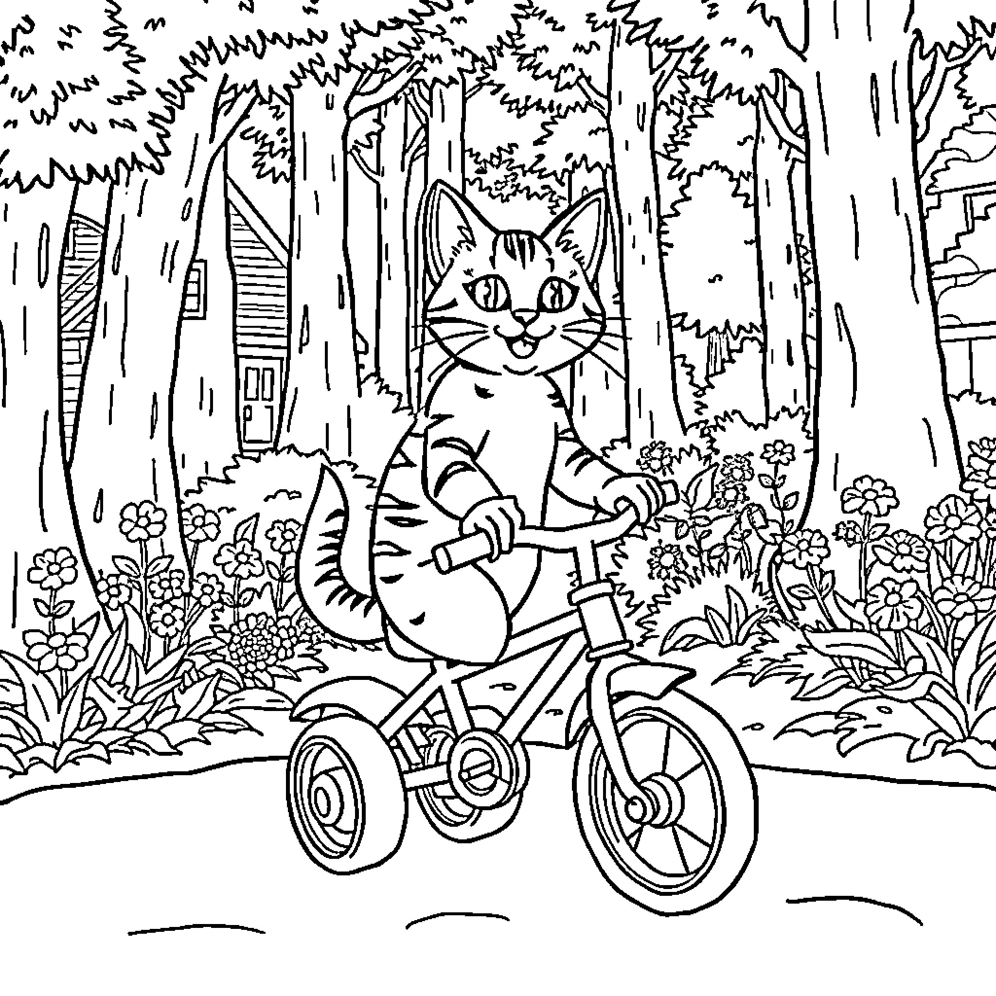 Cat riding a bicycle in the forest Coloring Page (free black-and-white line drawing printable PDF for all, from beginners to advanced learners, including children, teens, adults, and seniors)