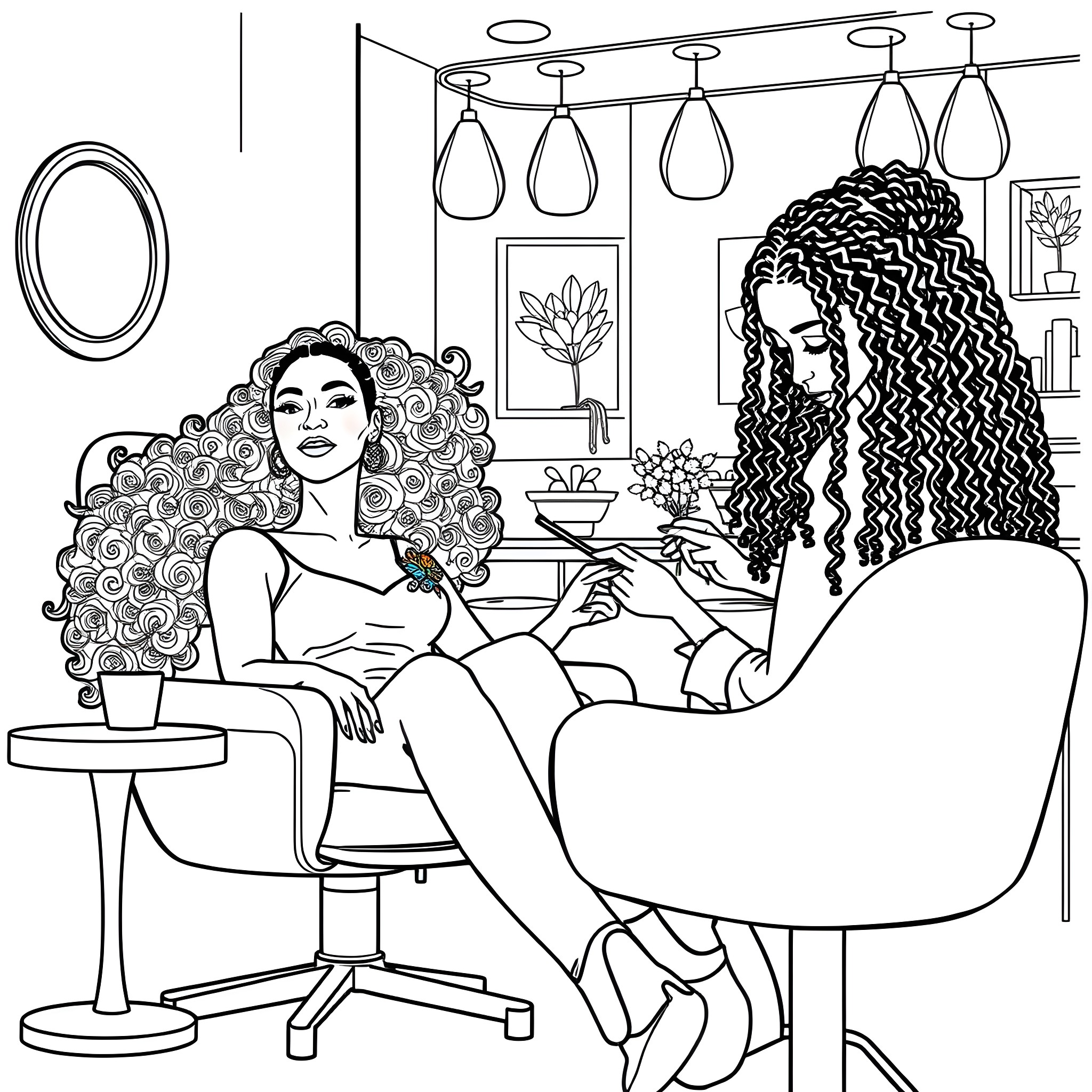 Woman enjoying relaxing in a cozy salon Coloring Page (free black-and-white line drawing printable PDF for all, from beginners to advanced learners, including children, teens, adults, and seniors)