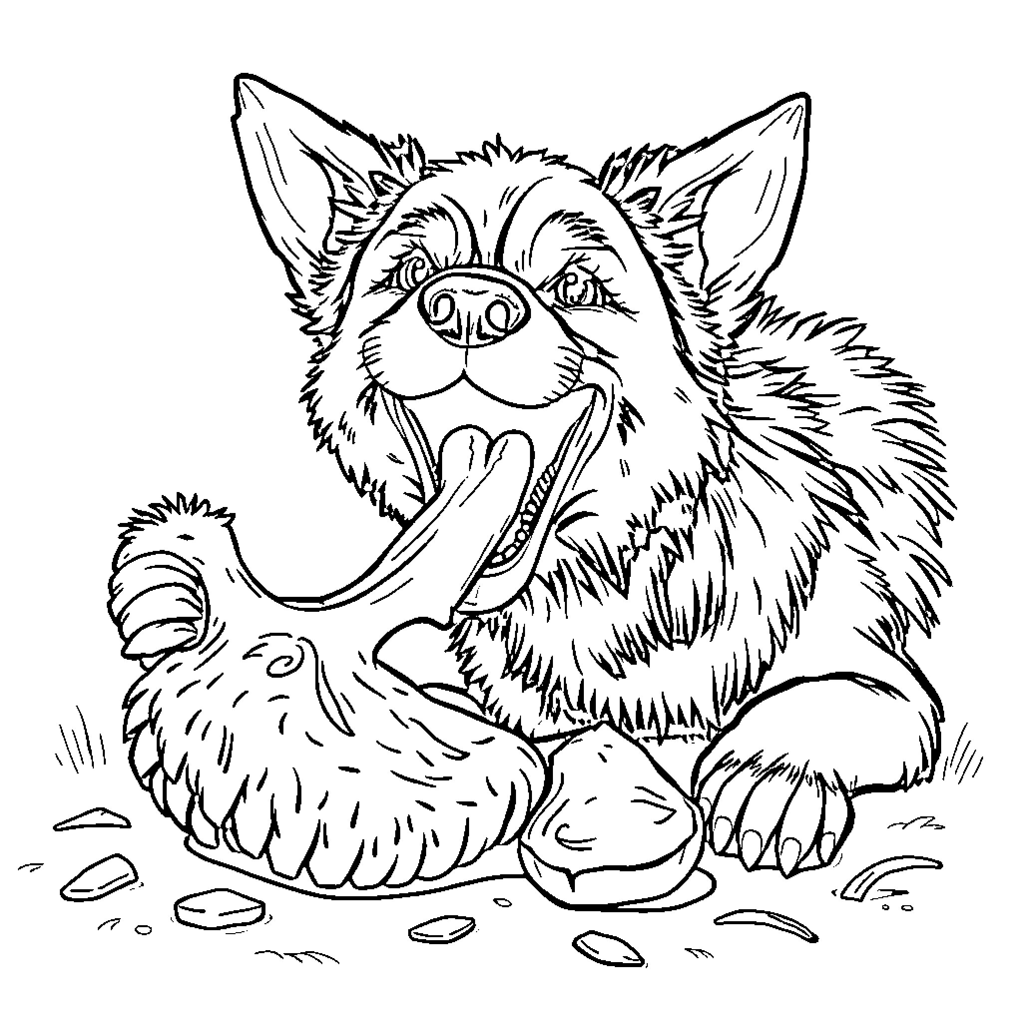 Dog playing happily with toys in the yard Coloring Page (free black-and-white line drawing printable PDF for all, from beginners to advanced learners, including children, teens, adults, and seniors)