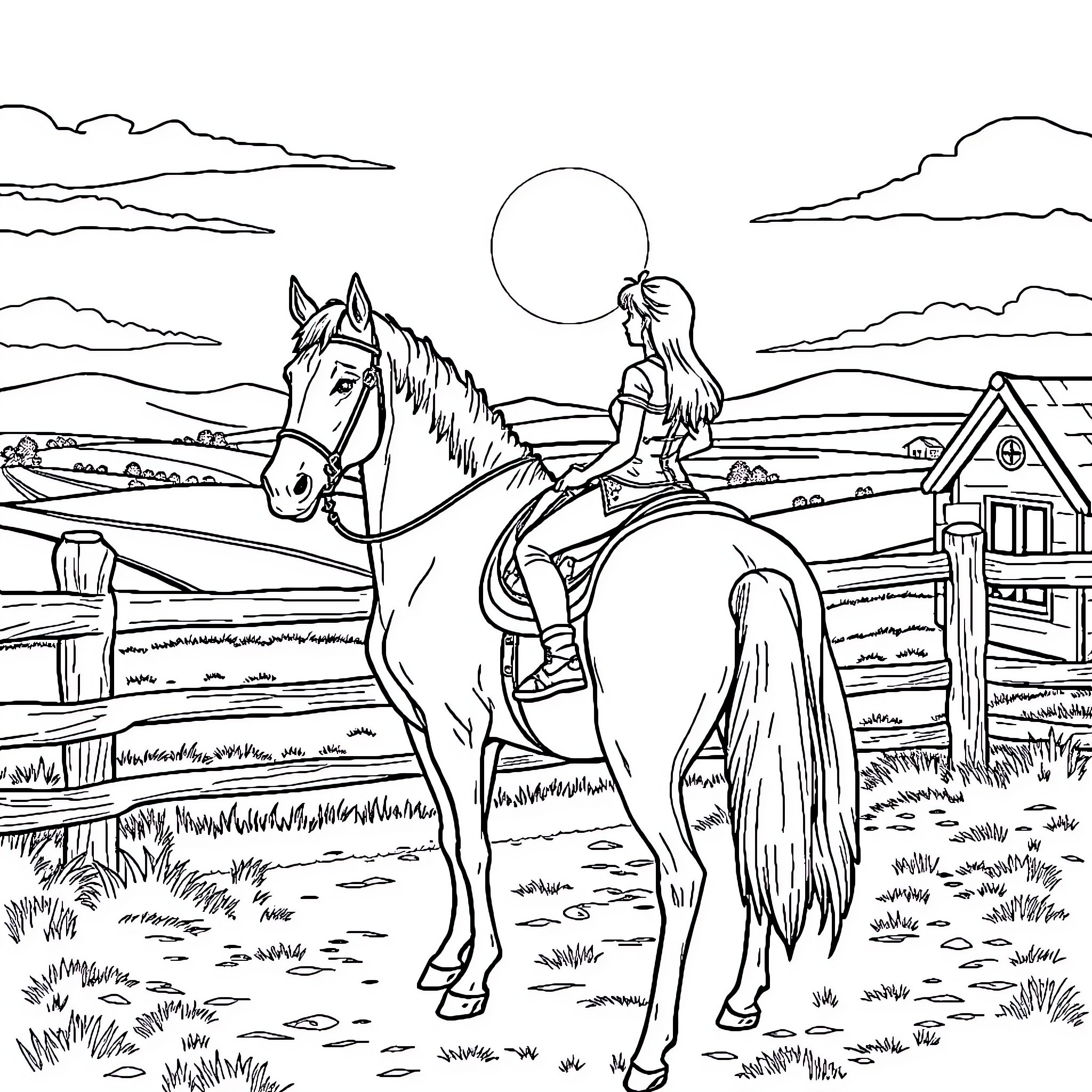Horse rider on a scenic countryside trail Coloring Page (free black-and-white line drawing printable PDF for all, from beginners to advanced learners, including children, teens, adults, and seniors)