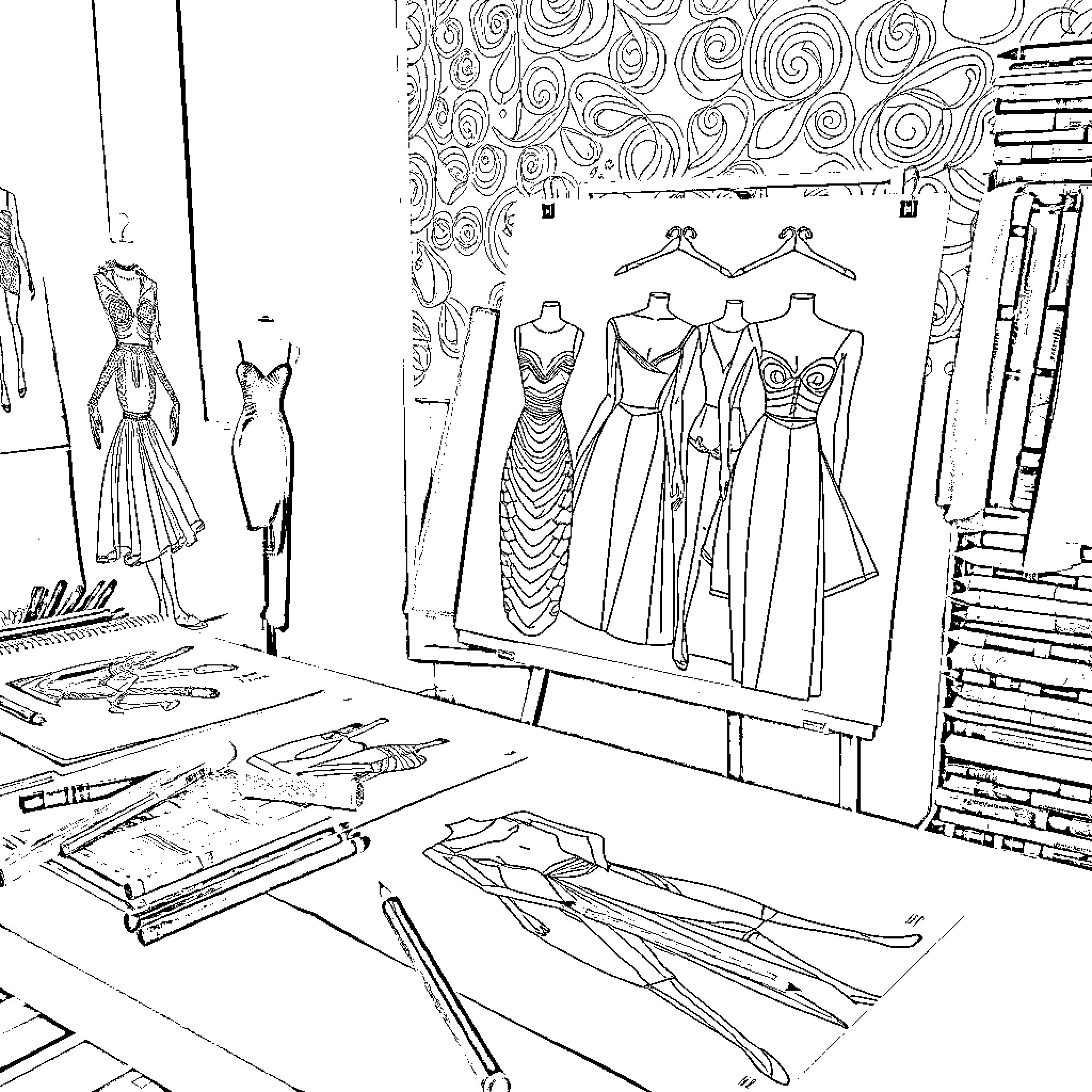 Fashion Design Studio with Sketches and Dresses Coloring Page (free black-and-white line drawing printable PDF for all, from beginners to advanced learners, including children, teens, adults, and seniors)