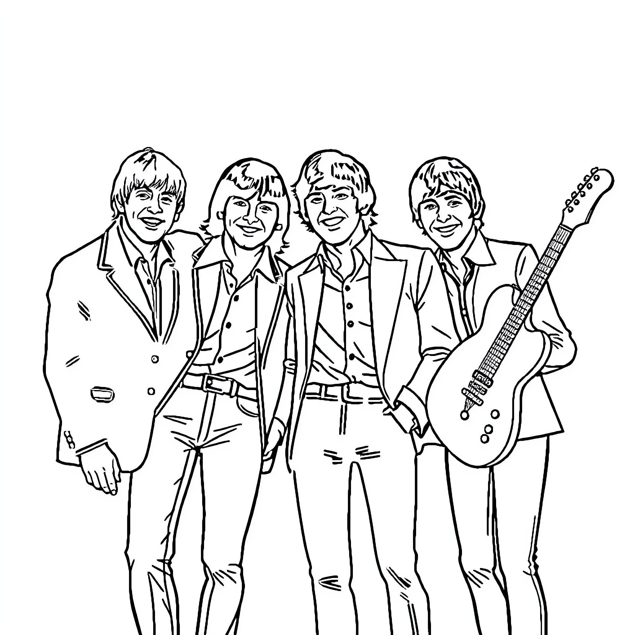 Fab4 British Rock Band Members in Suits Coloring Page (free black-and-white line drawing printable PDF for all, from beginners to advanced learners, including children, teens, adults, and seniors)