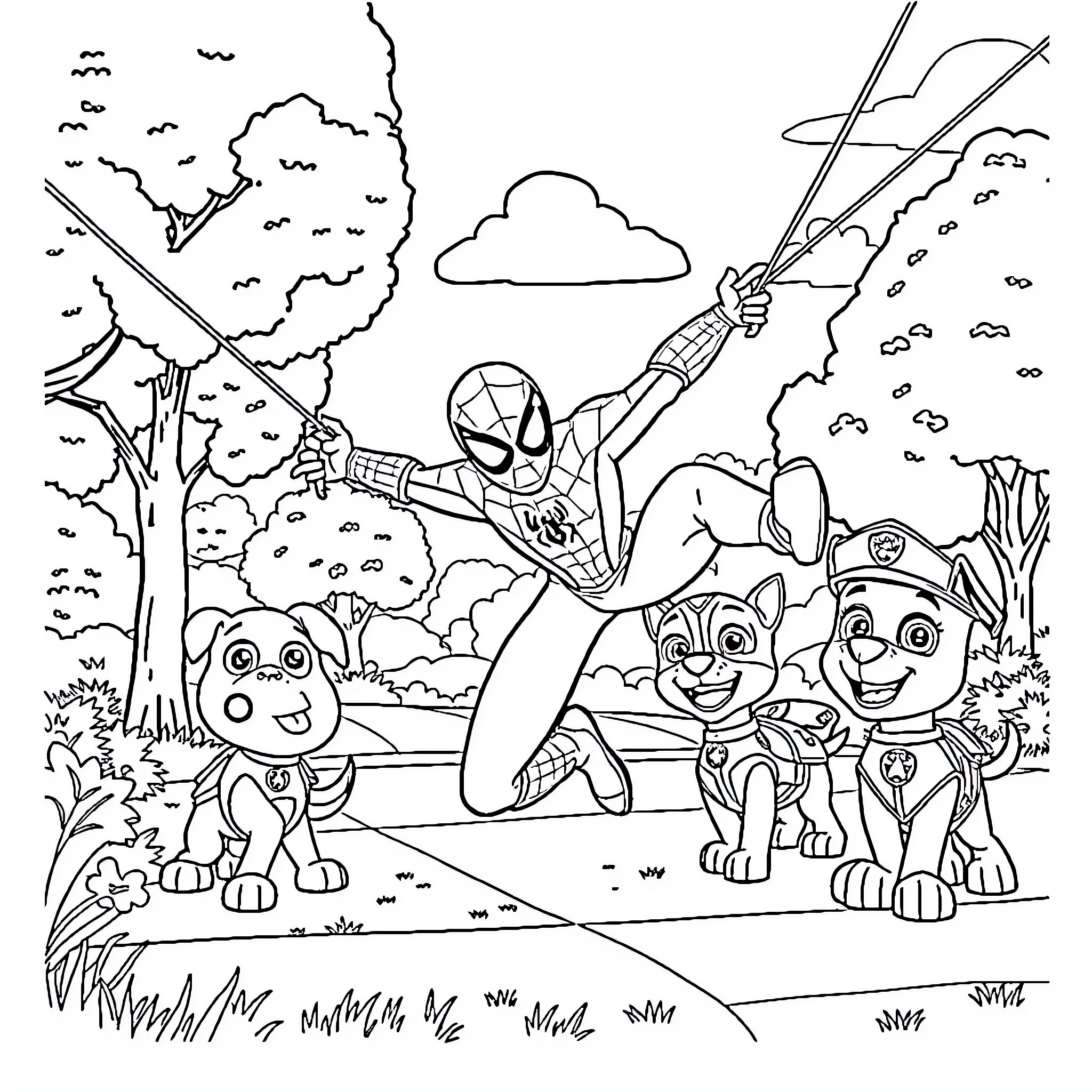 Spiderman swinging through the forest with Paw Patrol characters Coloring Page (free black-and-white line drawing printable PDF for all, from beginners to advanced learners, including children, teens, adults, and seniors)