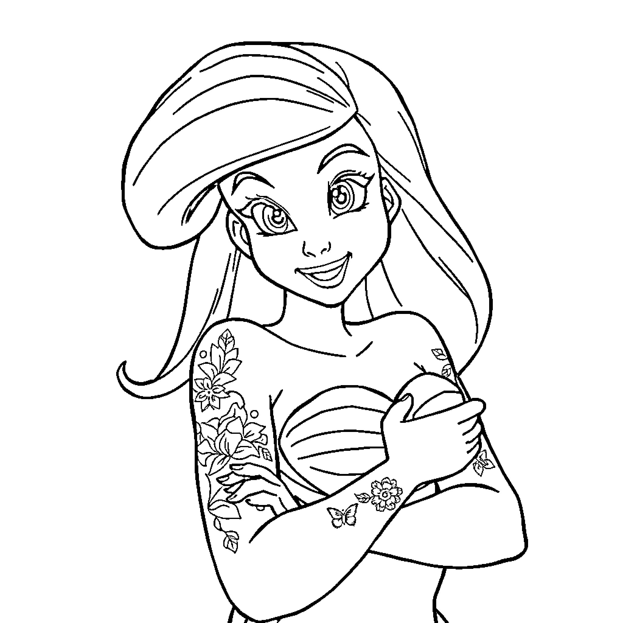 Ariel smiling while holding a seashell to her chest Coloring Page (free black-and-white line drawing printable PDF for all, from beginners to advanced learners, including children, teens, adults, and seniors)