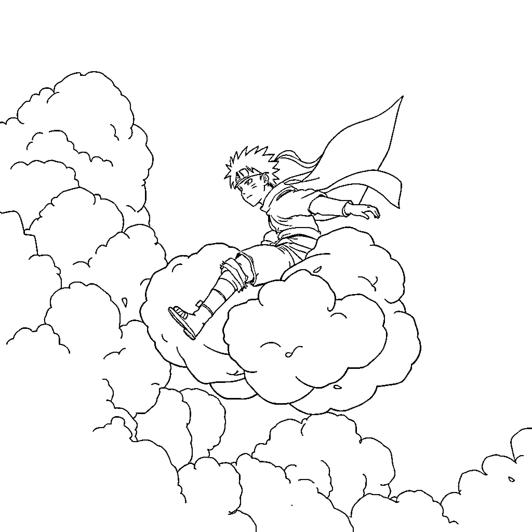 Naruto soaring through the clouds with determination Coloring Page (free black-and-white line drawing printable PDF for all, from beginners to advanced learners, including children, teens, adults, and seniors)
