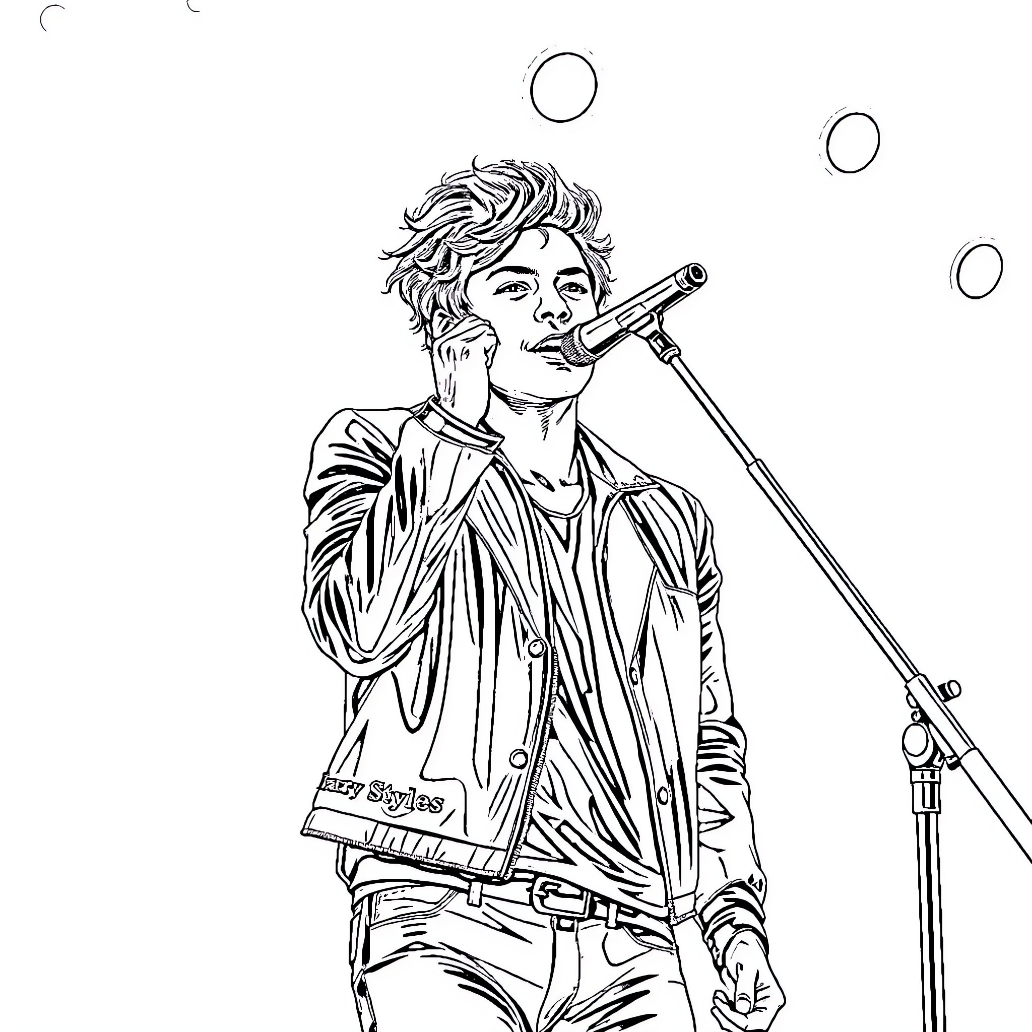Harry Styles Performing On Stage With Microphone Coloring Page (free black-and-white line drawing printable PDF for all, from beginners to advanced learners, including children, teens, adults, and seniors)