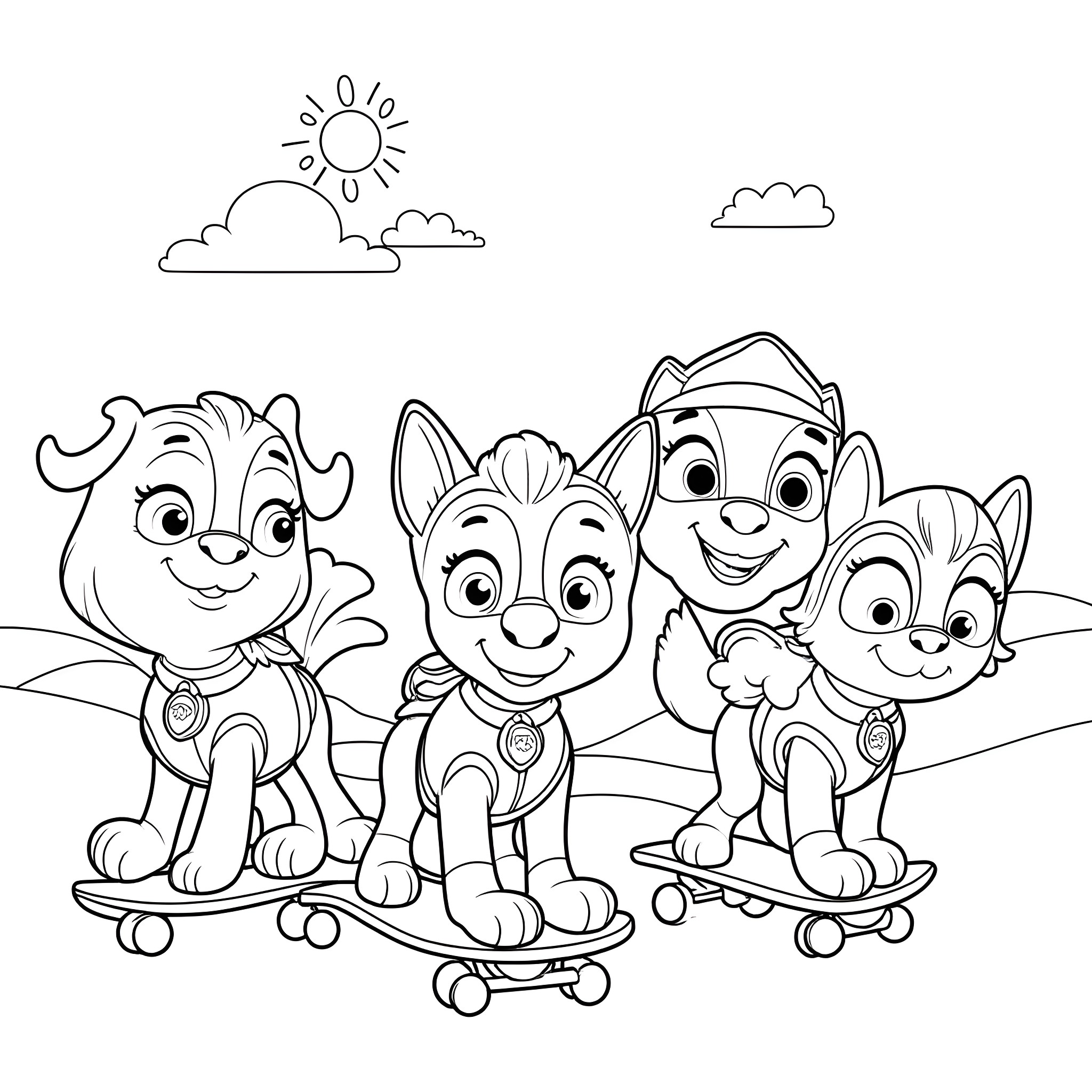 Paw Patrol dogs playing on skateboards in the park Coloring Page (free black-and-white line drawing printable PDF for all, from beginners to advanced learners, including children, teens, adults, and seniors)