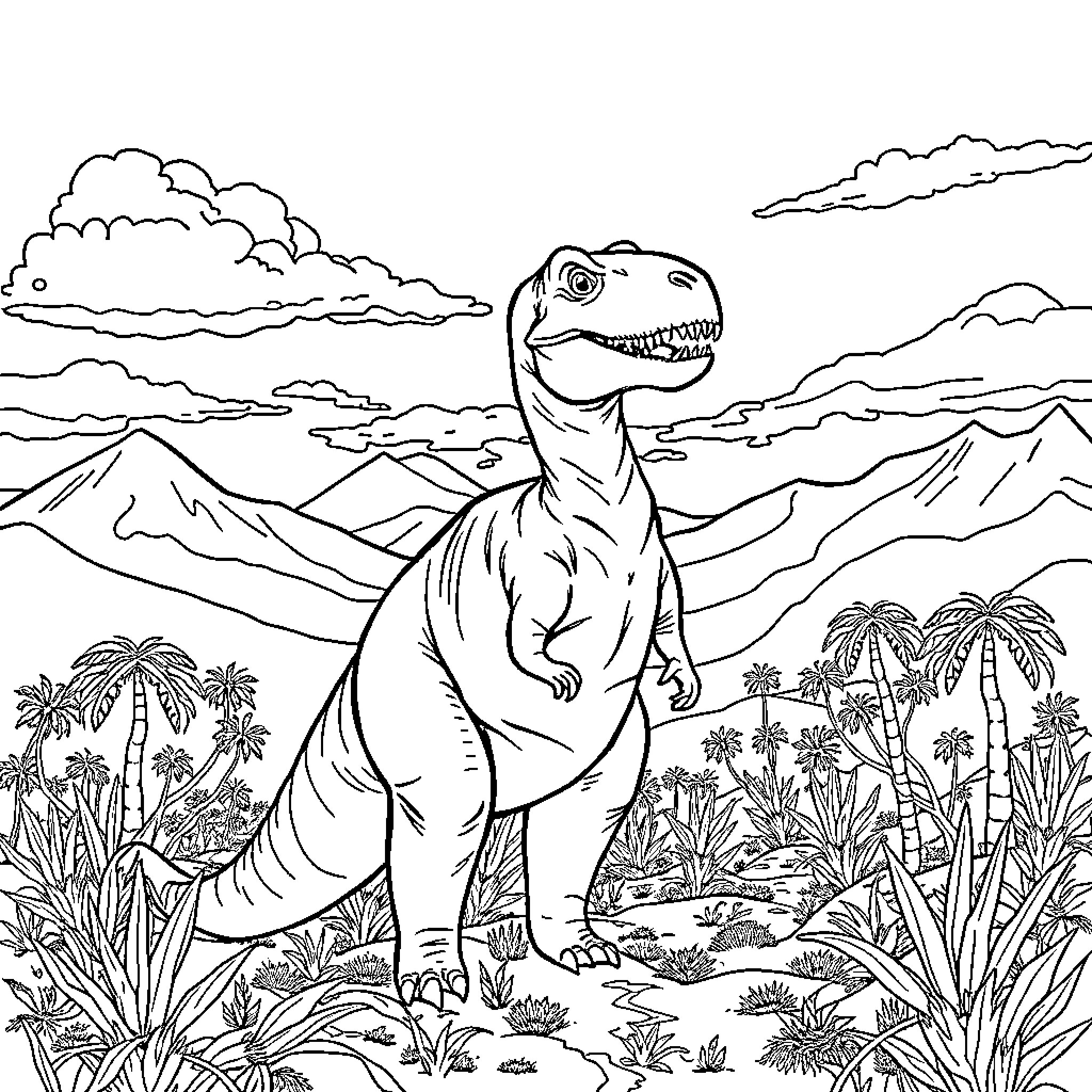 Dinosaur roaming through prehistoric landscape Coloring Page (free black-and-white line drawing printable PDF for all, from beginners to advanced learners, including children, teens, adults, and seniors)