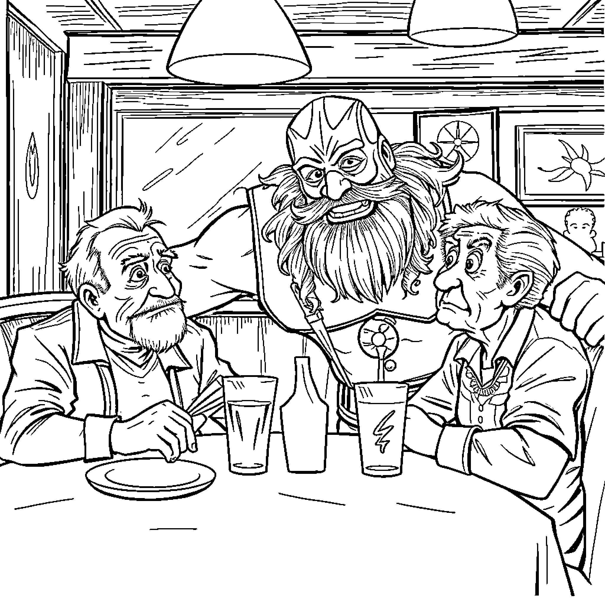 Randy Macho Man Savage confronts friends in a bar Coloring Page (free black-and-white line drawing printable PDF for all, from beginners to advanced learners, including children, teens, adults, and seniors)