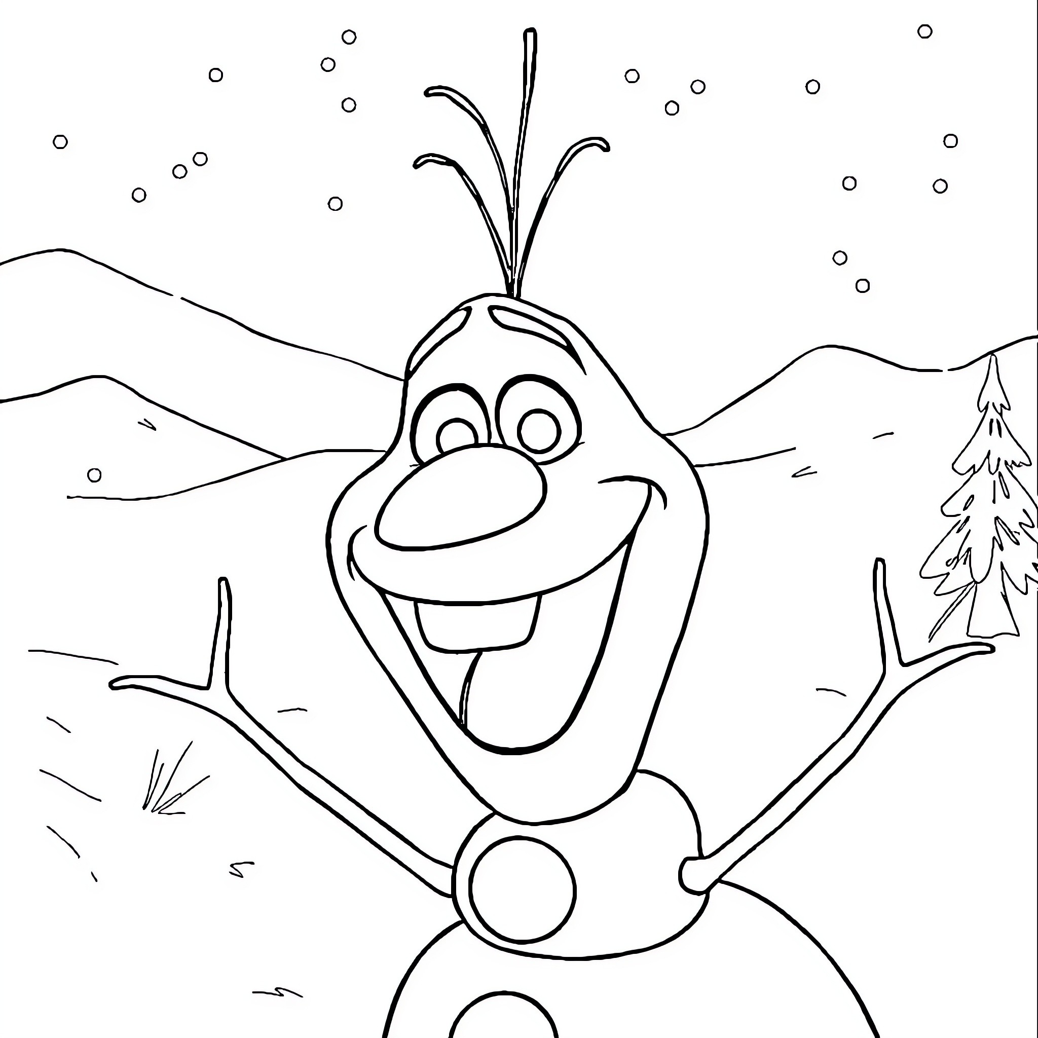 Olaf enjoying the snowy wonderland Coloring Page (free black-and-white line drawing printable PDF for all, from beginners to advanced learners, including children, teens, adults, and seniors)