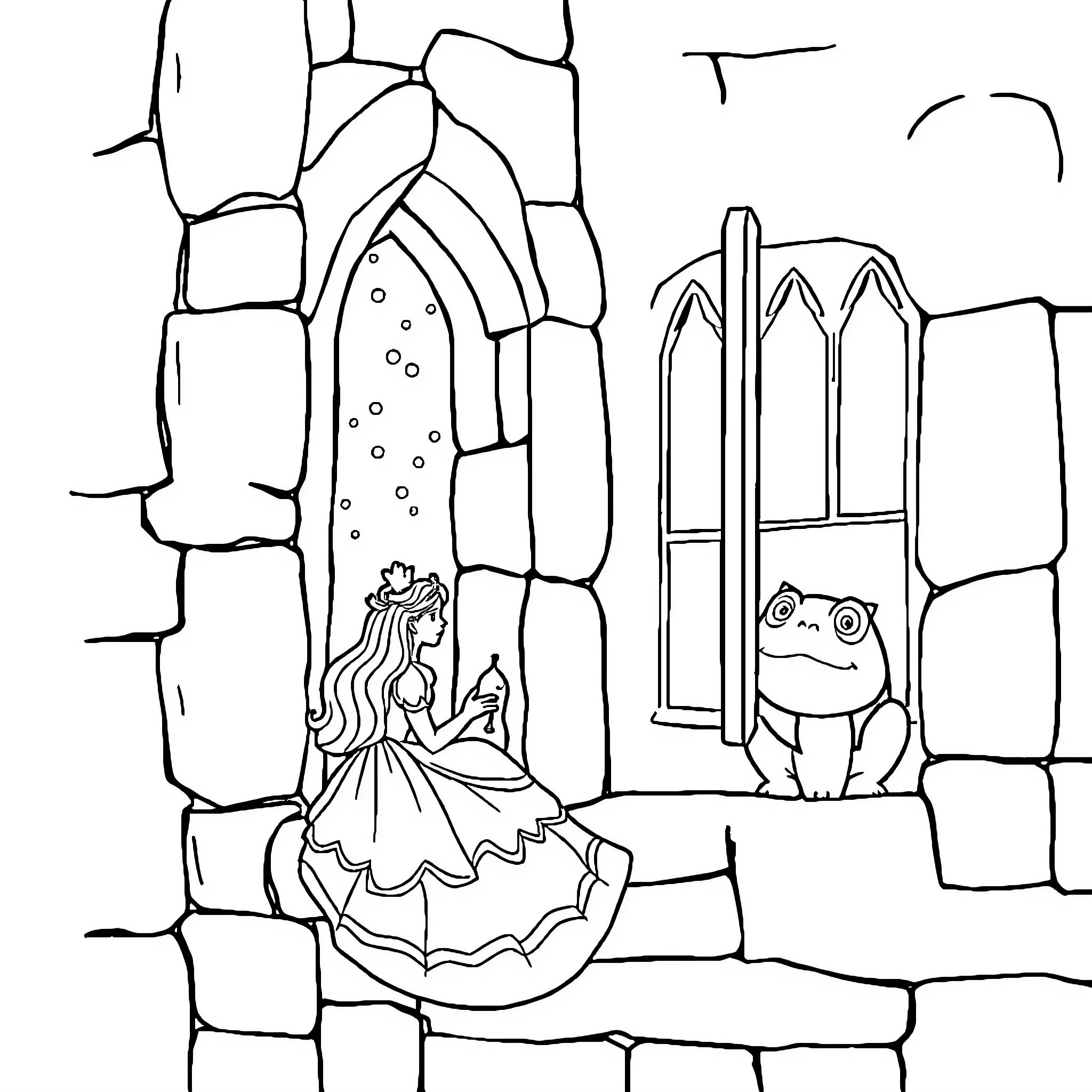 Princess in Enchanting Castle with Frog Coloring Page (free black-and-white line drawing printable PDF for all, from beginners to advanced learners, including children, teens, adults, and seniors)