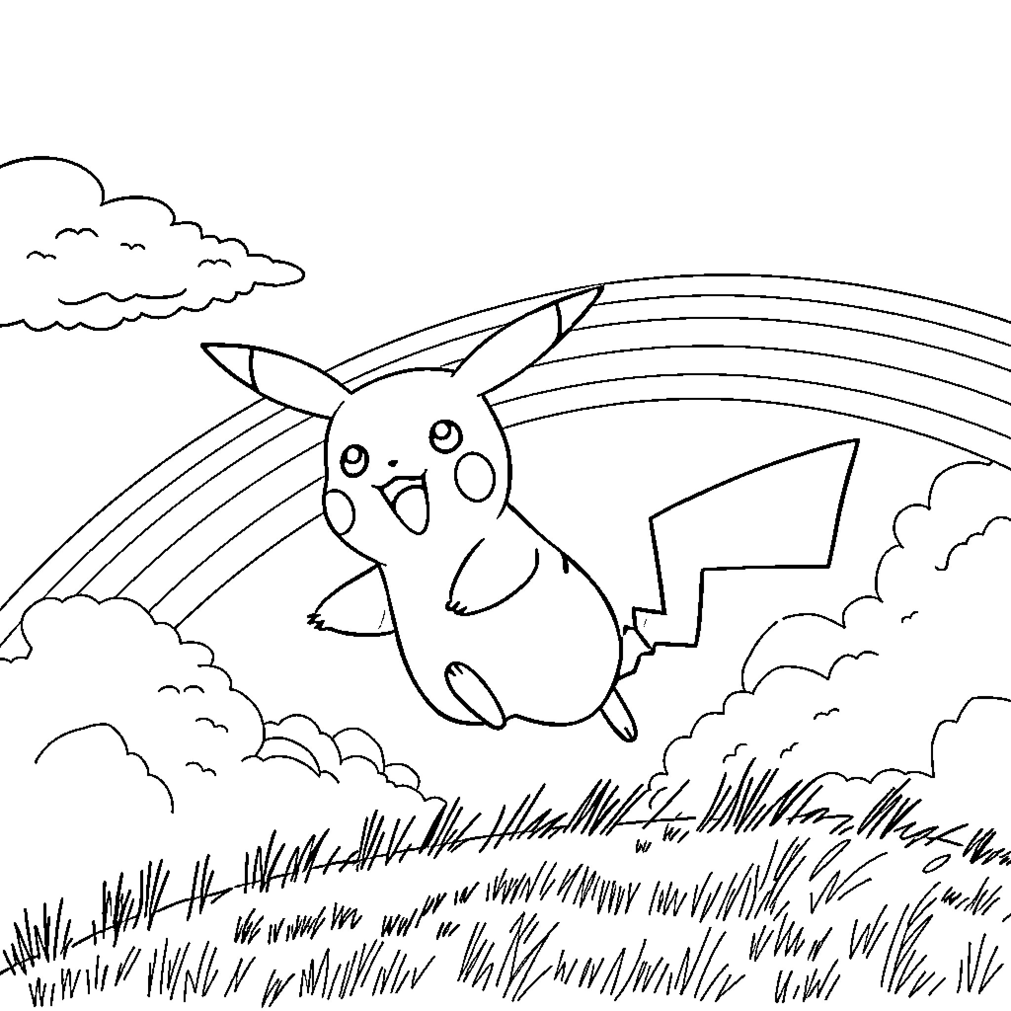 Pikachu happily flying through the sky Coloring Page (free black-and-white line drawing printable PDF for all, from beginners to advanced learners, including children, teens, adults, and seniors)