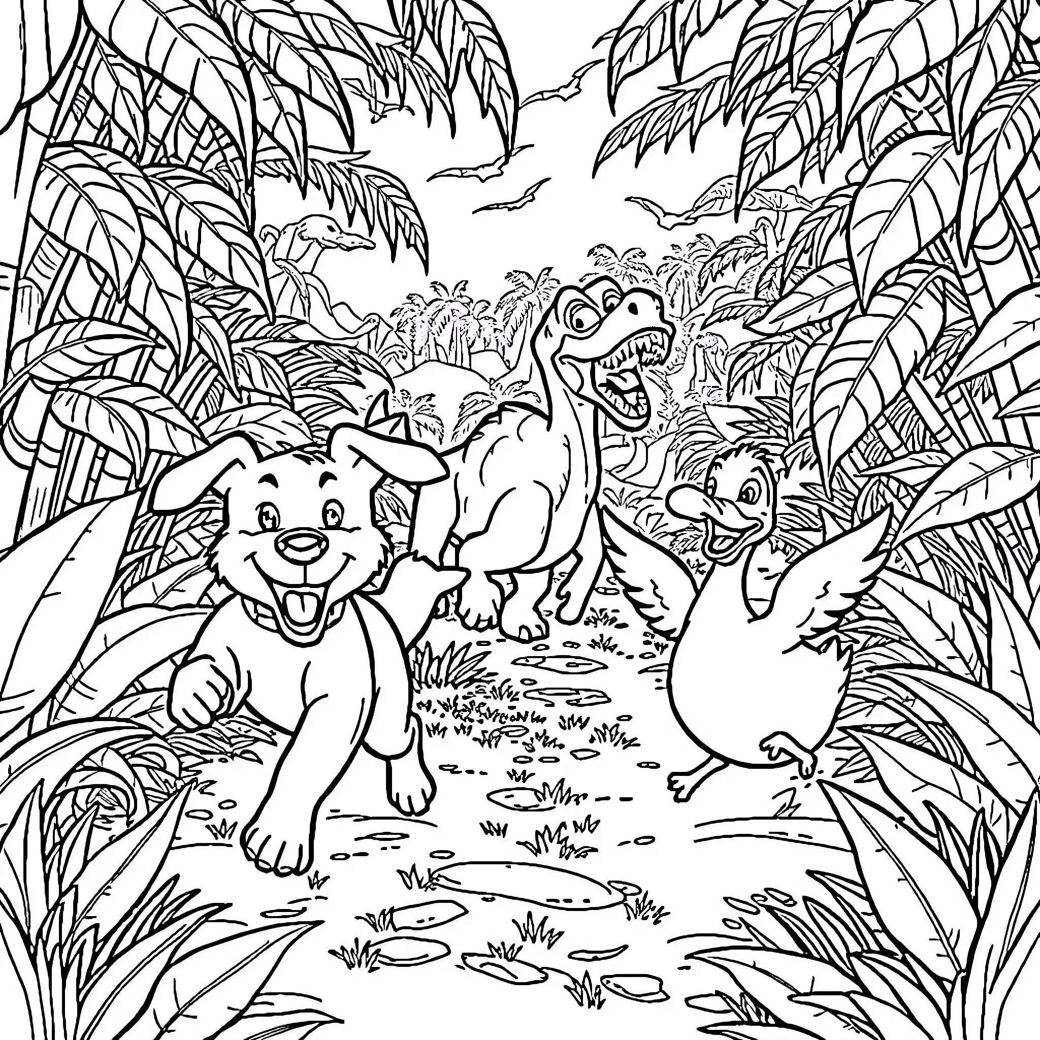 Dog Dinosaurs Explore Prehistoric Jungle Landscape Coloring Page (free black-and-white line drawing printable PDF for all, from beginners to advanced learners, including children, teens, adults, and seniors)