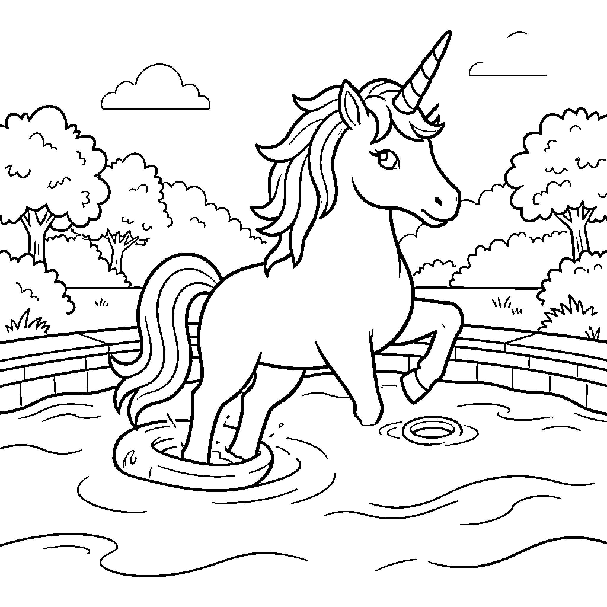 Unicorn standing playfully in a small pool Coloring Page (free black-and-white line drawing printable PDF for all, from beginners to advanced learners, including children, teens, adults, and seniors)