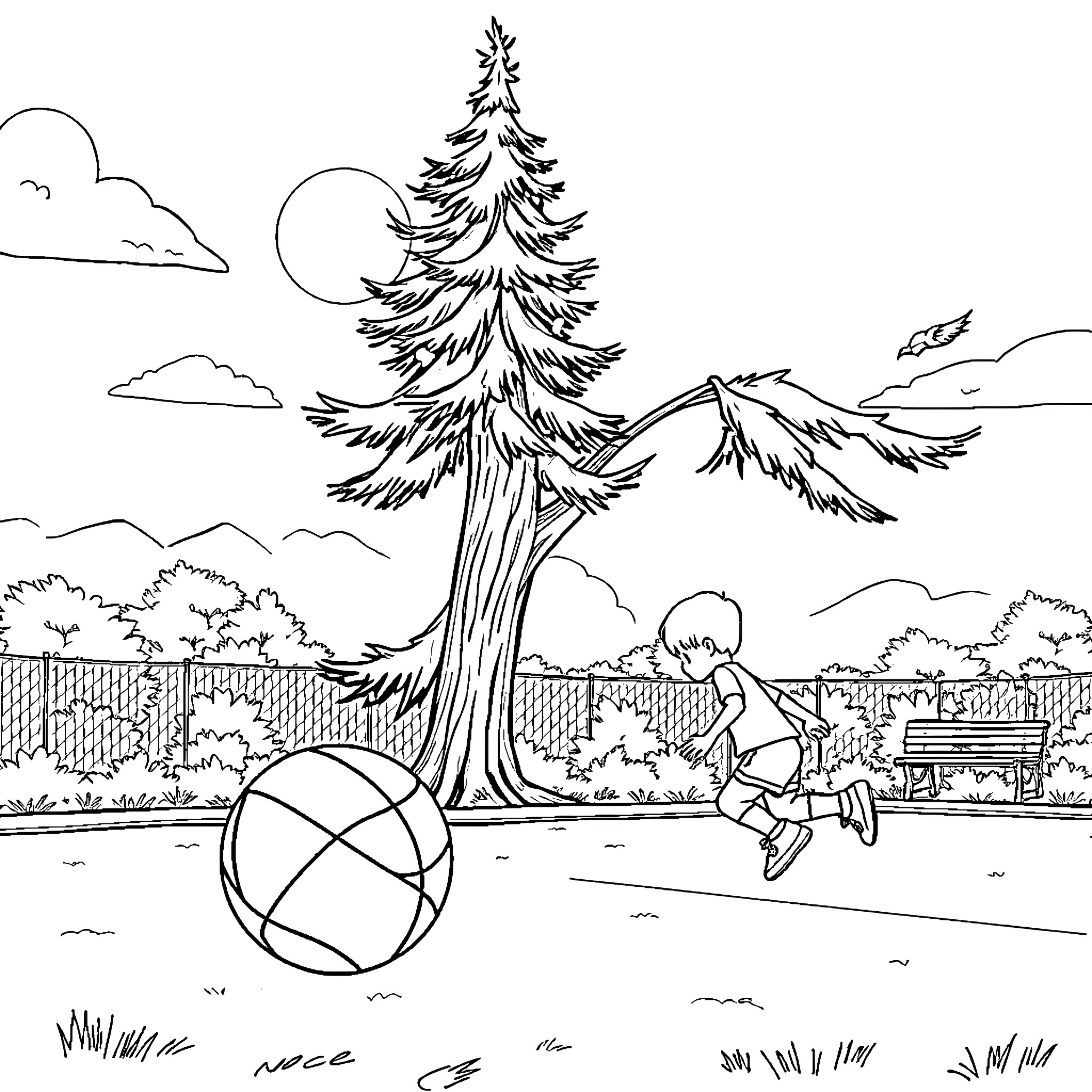Tree with a child playing with a ball in the park Coloring Page (free black-and-white line drawing printable PDF for all, from beginners to advanced learners, including children, teens, adults, and seniors)