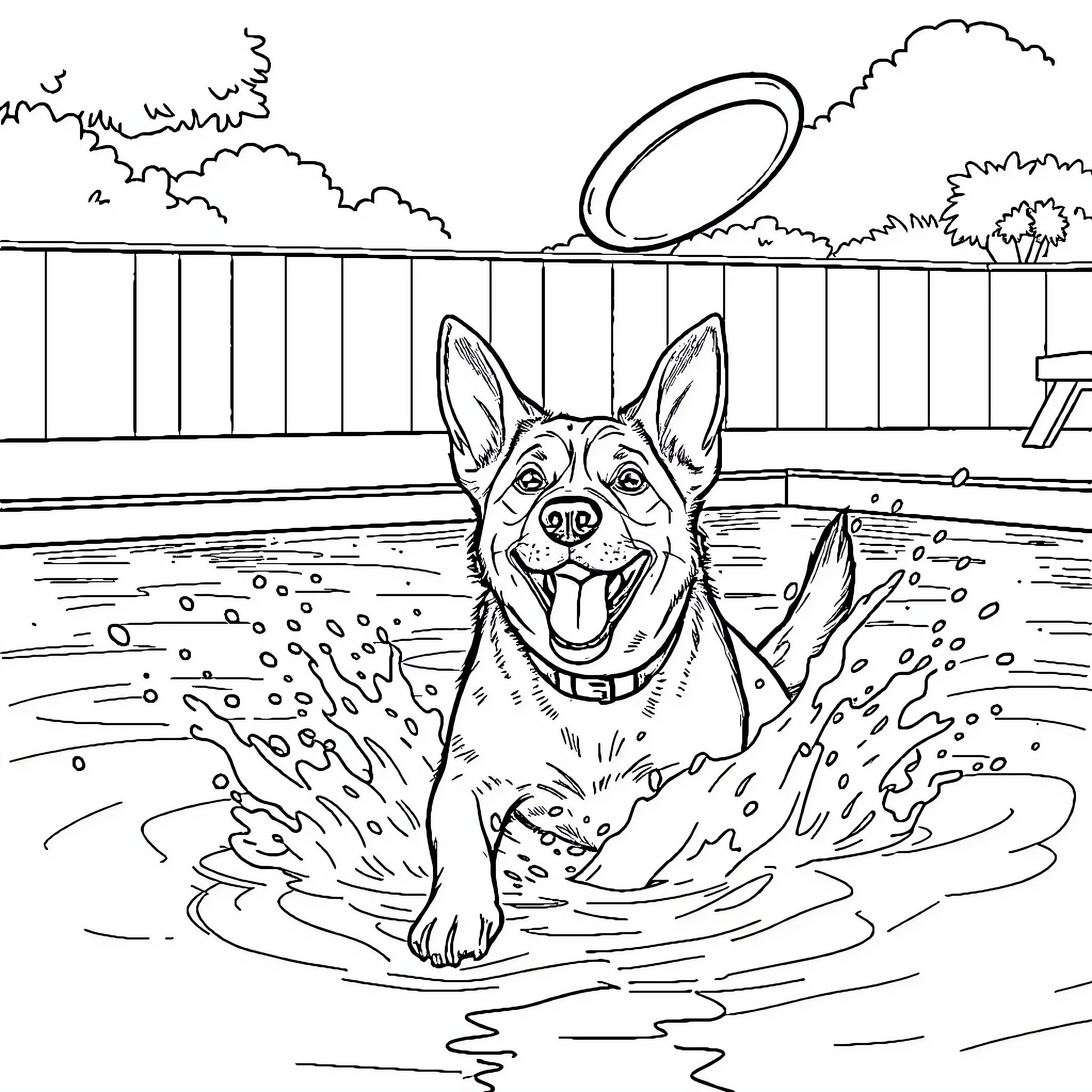 Dog enjoying a refreshing dip in the pool Coloring Page (free black-and-white line drawing printable PDF for all, from beginners to advanced learners, including children, teens, adults, and seniors)