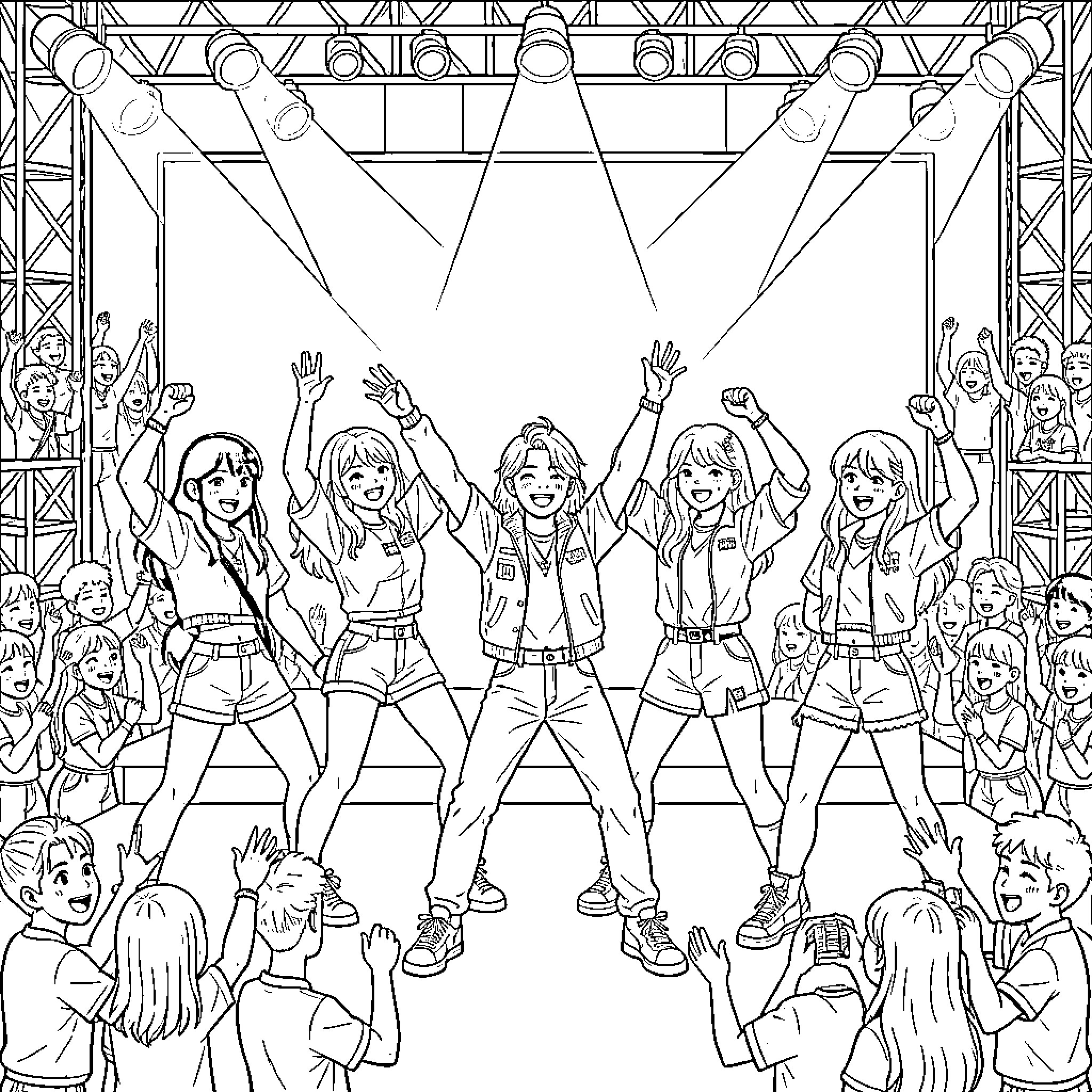 K Pop Female Idols Performing on Stage Coloring Page (free black-and-white line drawing printable PDF for all, from beginners to advanced learners, including children, teens, adults, and seniors)
