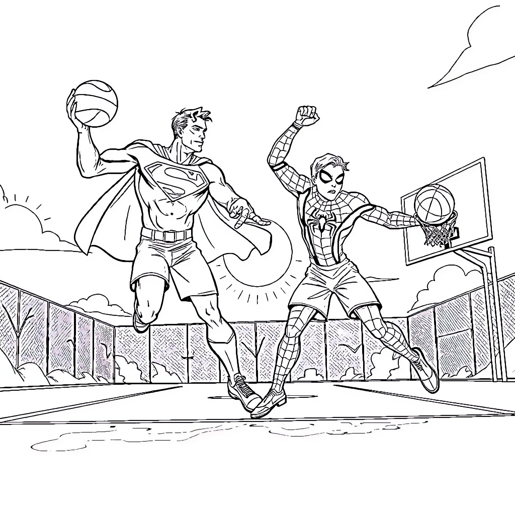 Superman and Spider-Man playing basketball in the city Coloring Page (free black-and-white line drawing printable PDF for all, from beginners to advanced learners, including children, teens, adults, and seniors)