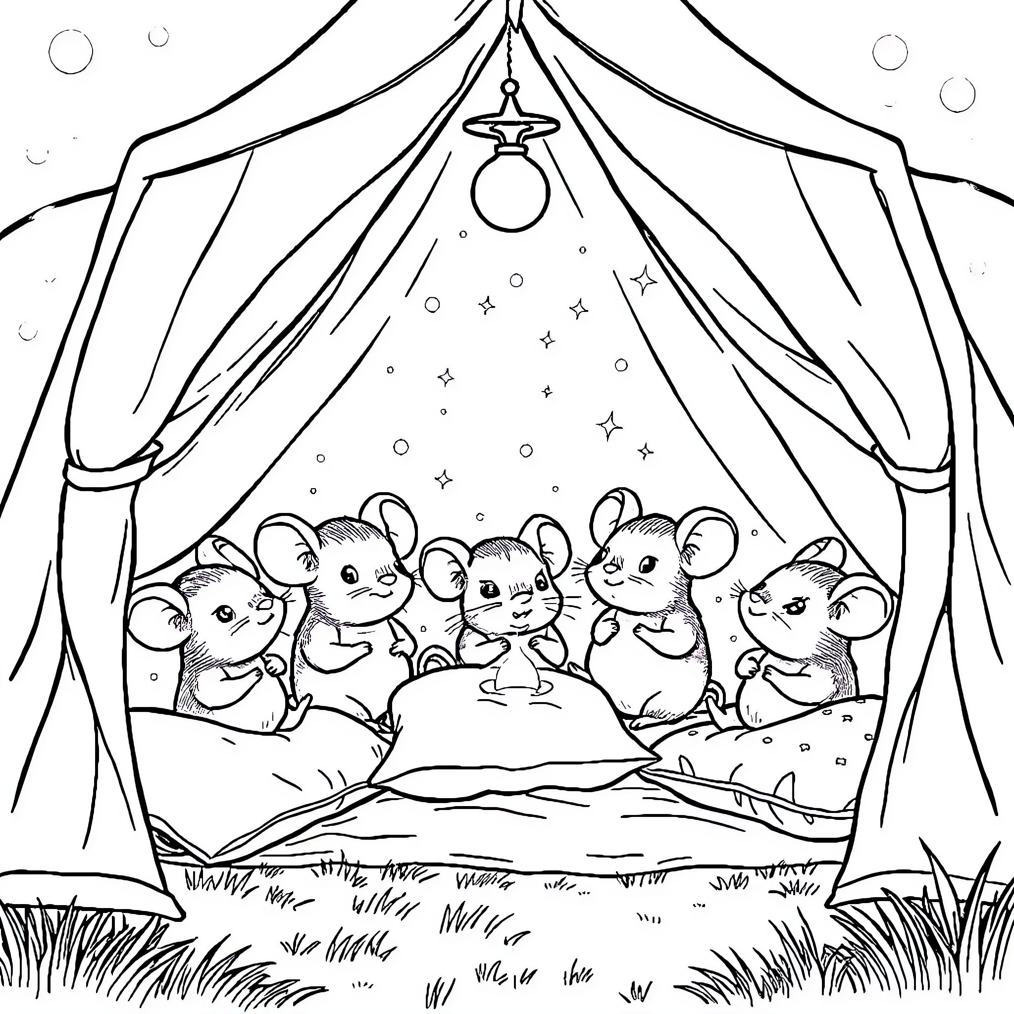 Mouse friends gather under the starry tent Coloring Page (free black-and-white line drawing printable PDF for all, from beginners to advanced learners, including children, teens, adults, and seniors)