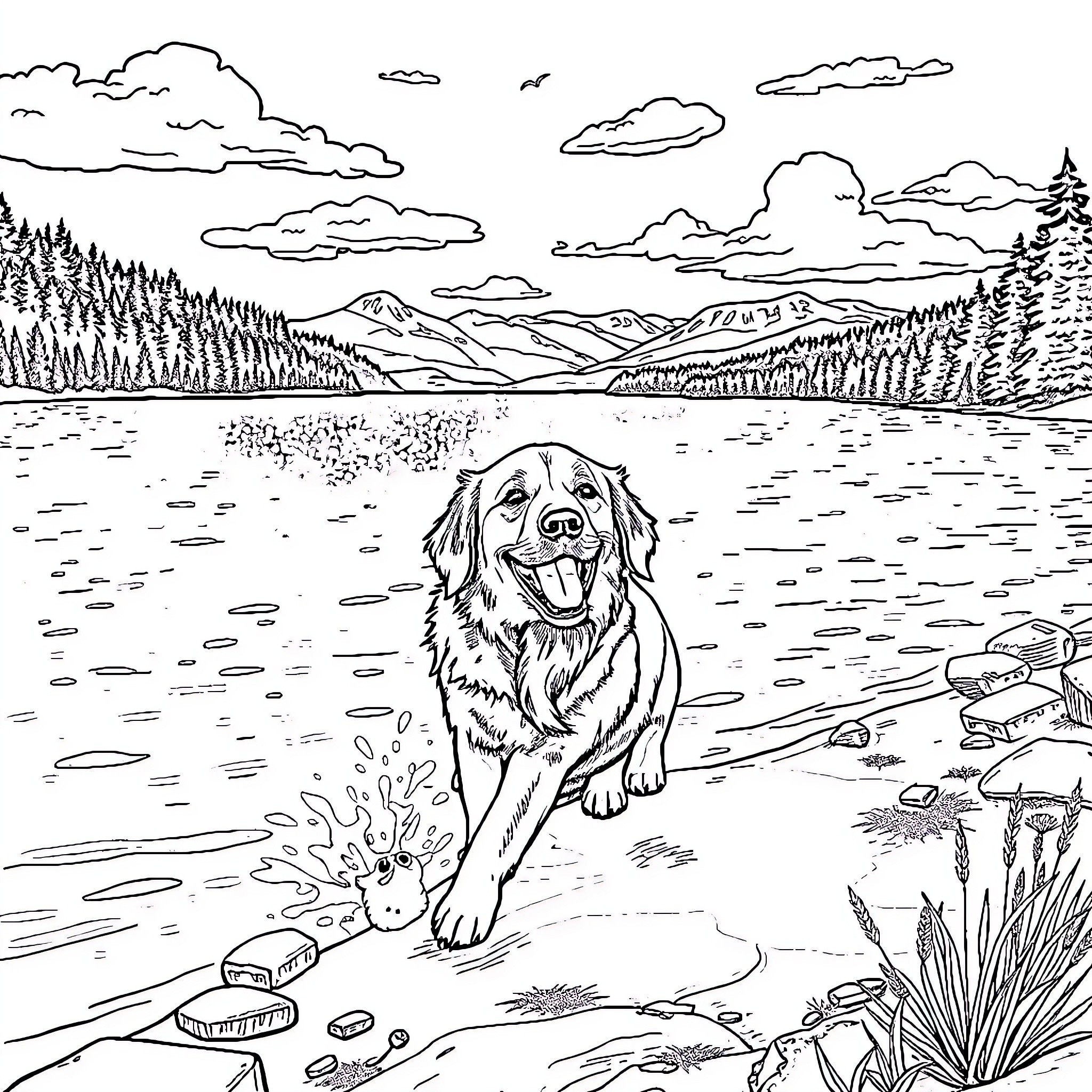 Golden Retriever exploring scenic mountain landscape Coloring Page (free black-and-white line drawing printable PDF for all, from beginners to advanced learners, including children, teens, adults, and seniors)