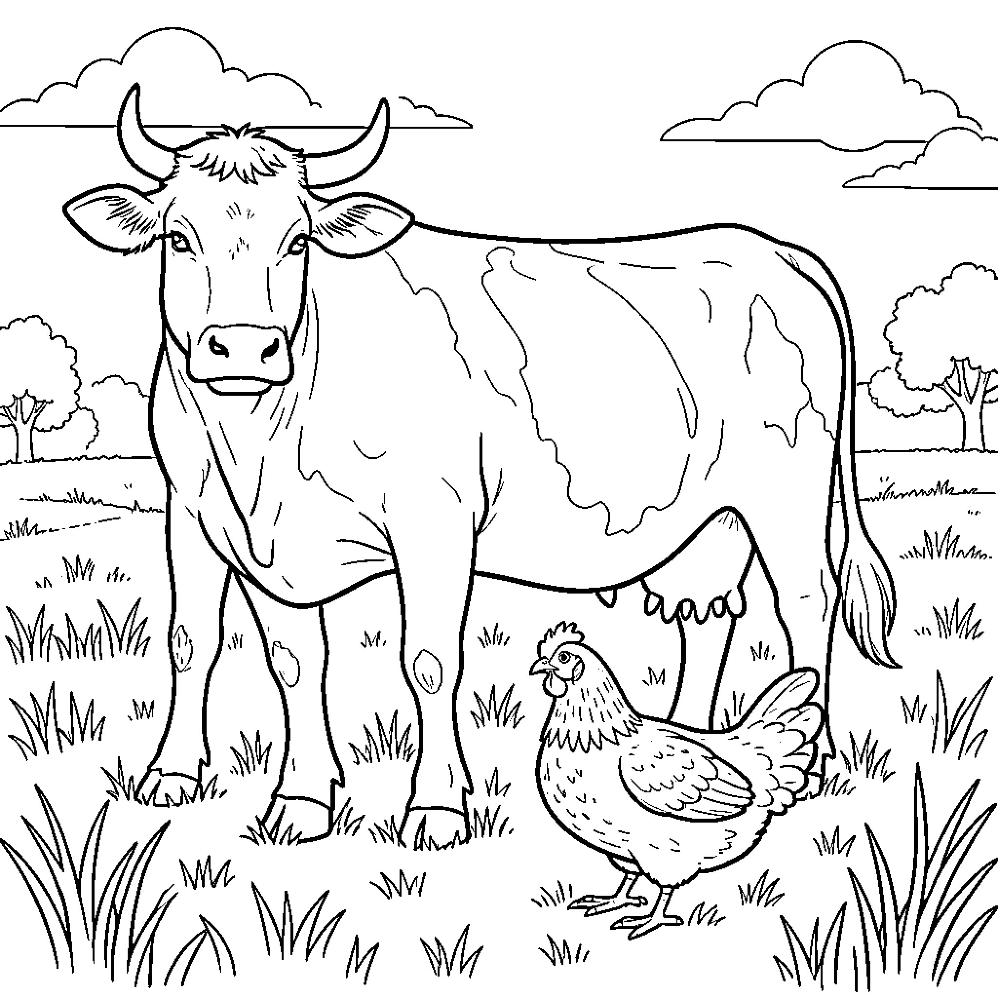 Cow standing in a grassy meadow with a chicken Coloring Page (free black-and-white line drawing printable PDF for all, from beginners to advanced learners, including children, teens, adults, and seniors)