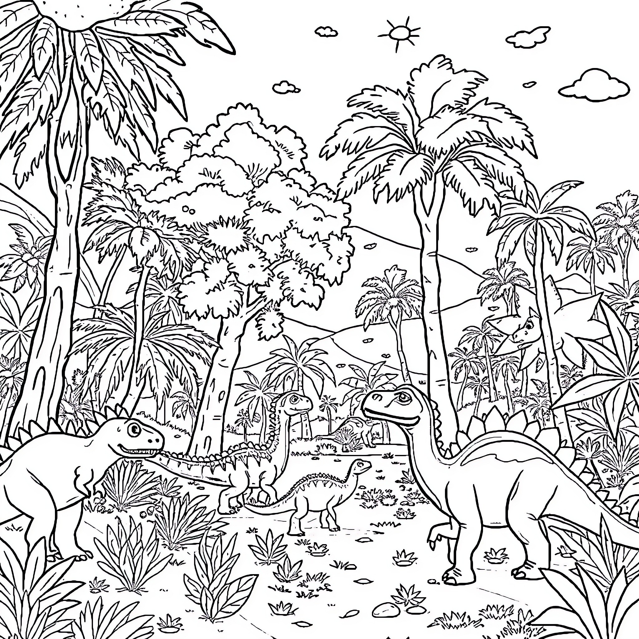 Tree Dinosaurs exploring the lush jungle landscape Coloring Page (free black-and-white line drawing printable PDF for all, from beginners to advanced learners, including children, teens, adults, and seniors)