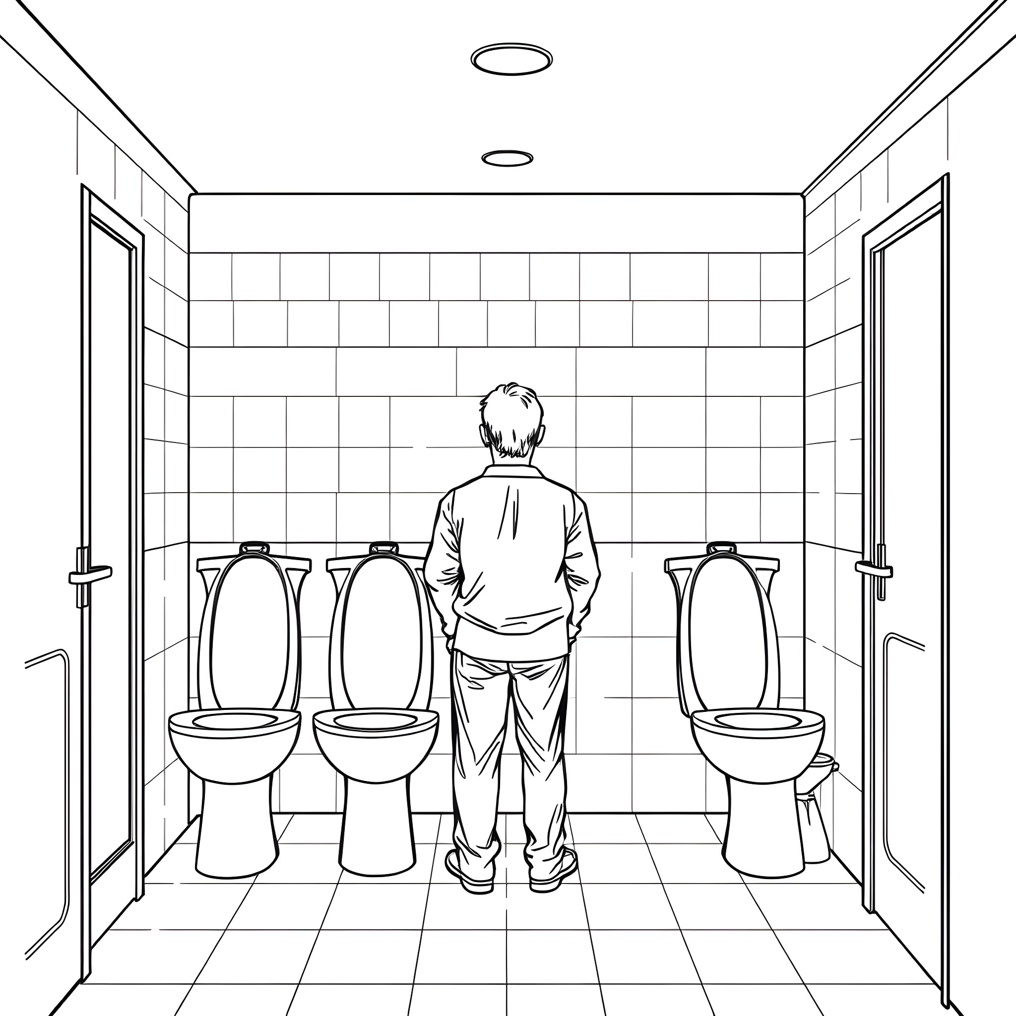 Man standing in bathroom with toilet stalls Coloring Page (free black-and-white line drawing printable PDF for all, from beginners to advanced learners, including children, teens, adults, and seniors)