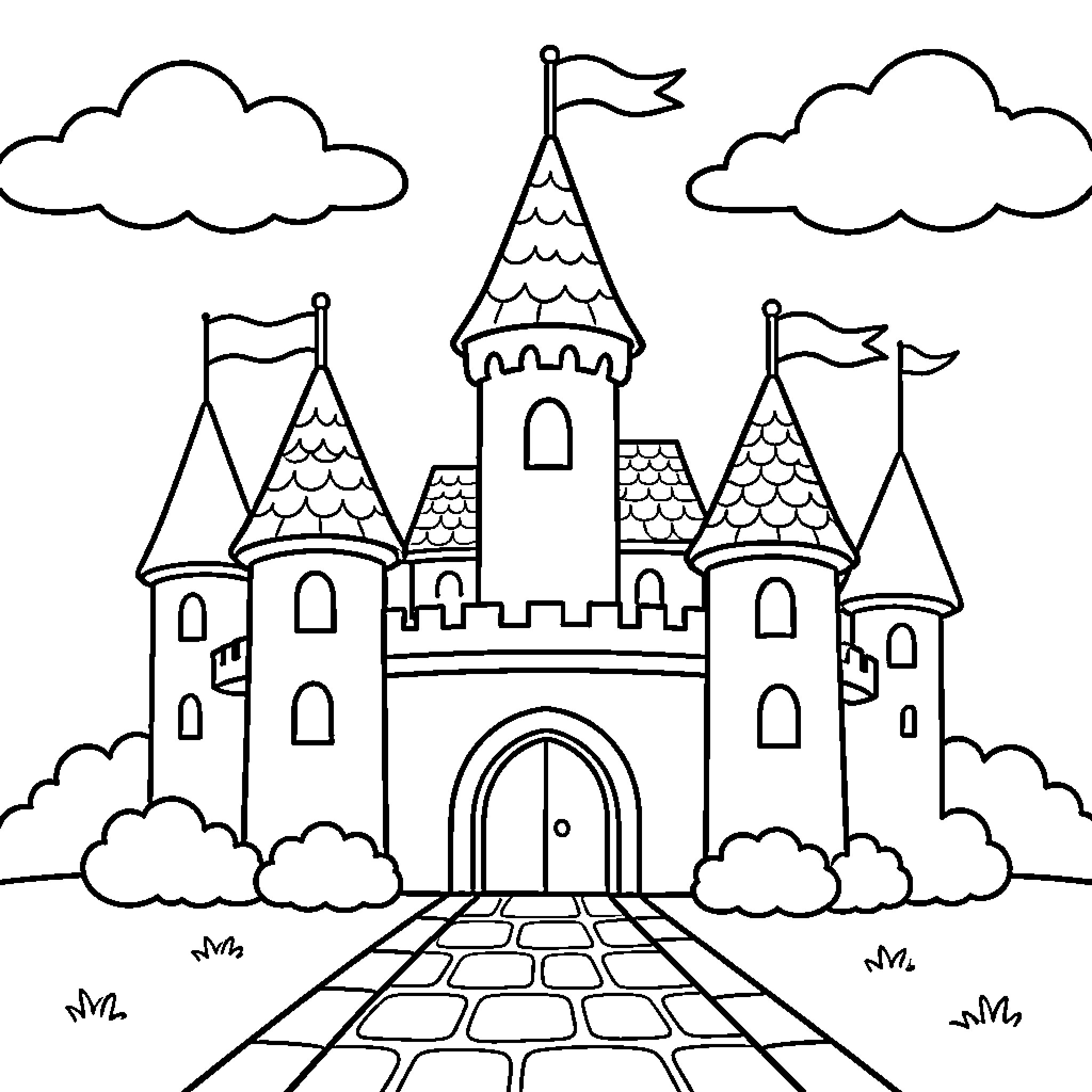 Castle with towers, flags, and a cobblestone path leading to its gate Coloring Page (free black-and-white line drawing printable PDF for all, from beginners to advanced learners, including children, teens, adults, and seniors)