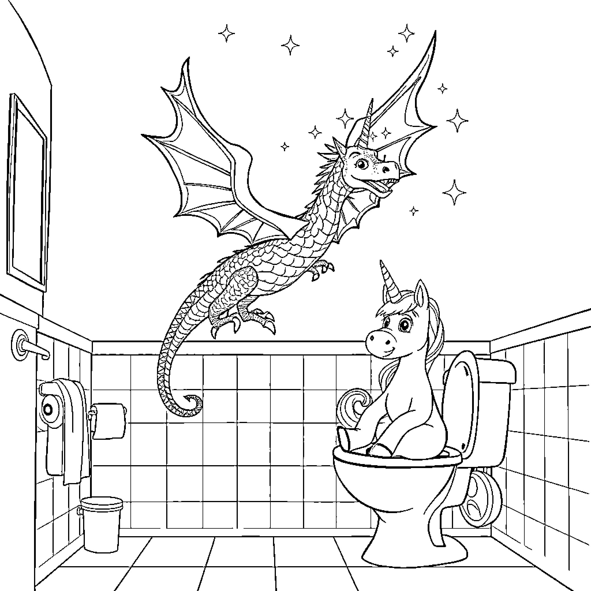Dragon's Whimsical Bathroom Adventure Coloring Page (free black-and-white line drawing printable PDF for all, from beginners to advanced learners, including children, teens, adults, and seniors)
