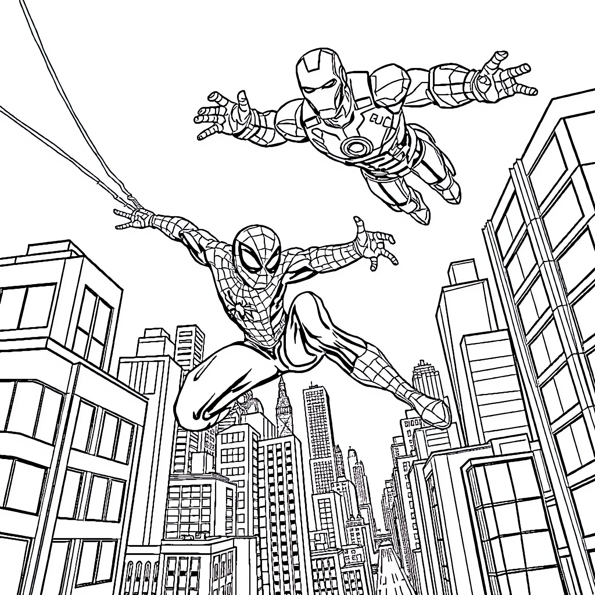 Spiderman and Iron Man battle in the city skyline Coloring Page (free black-and-white line drawing printable PDF for all, from beginners to advanced learners, including children, teens, adults, and seniors)